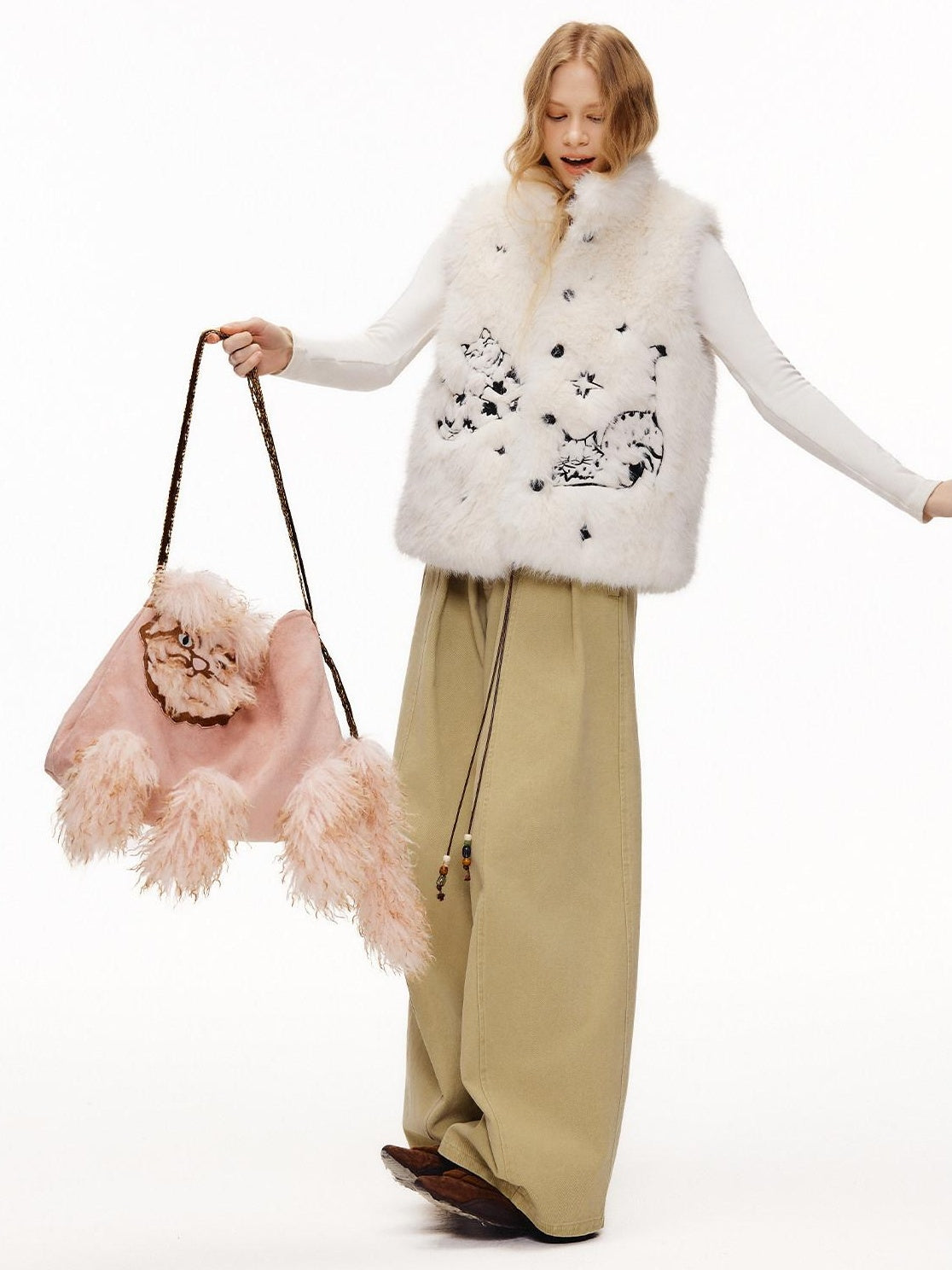OuttheBlue Cute Edgy Cat Print Square Single Shoulder Women Vintage Pink Khaki Tote Bags