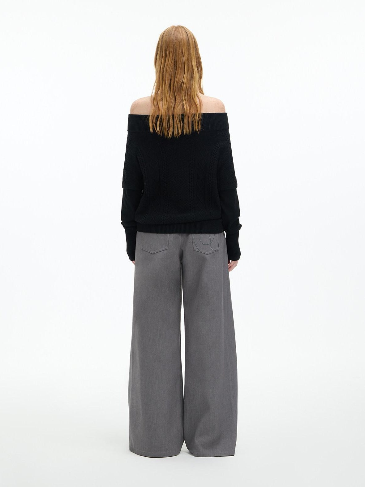RUN TO THE FUTURE Low Rise Jacquard Minimal Casual Women Light Heather Gray Wide-Leg Pants