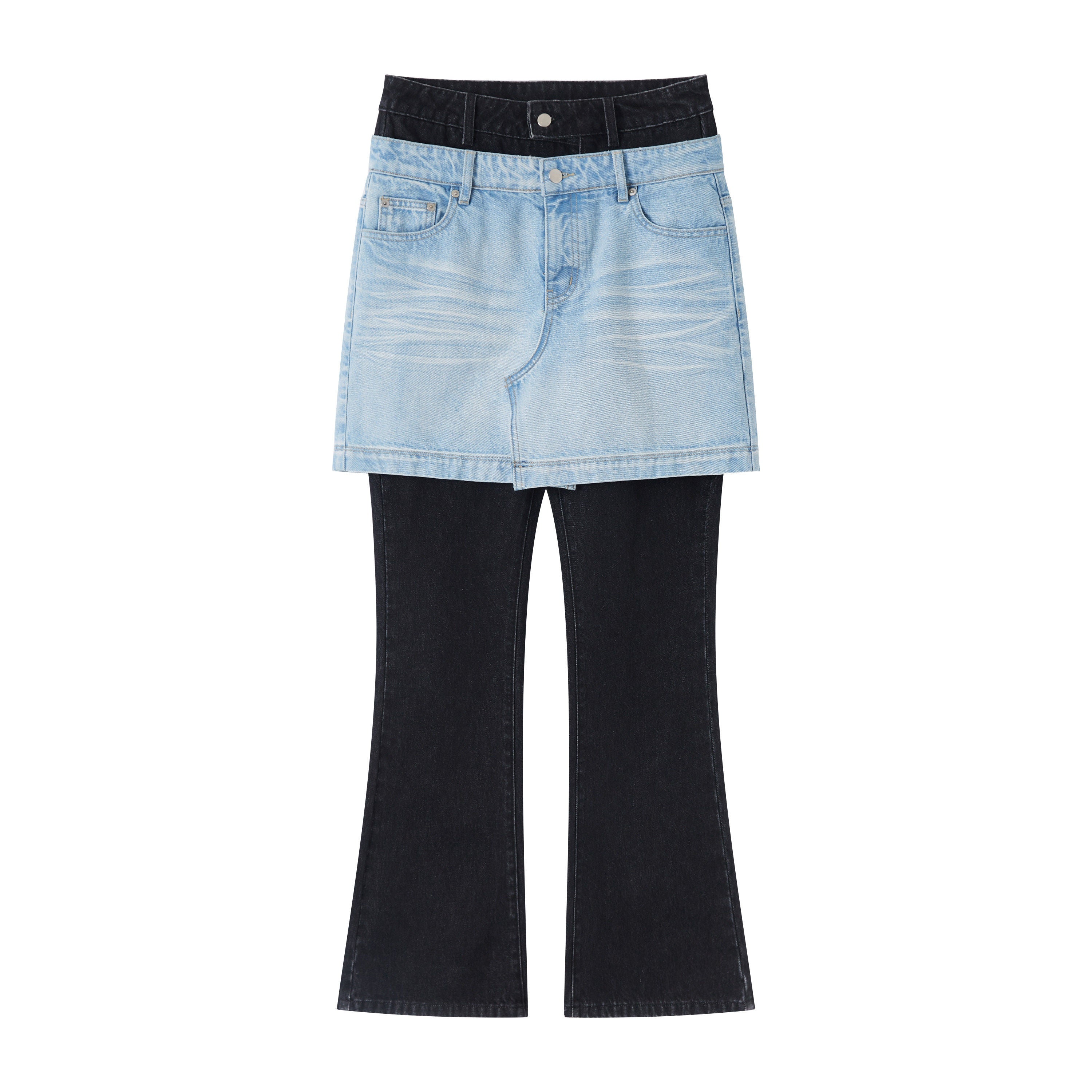 RUN TO THE FUTURE High Stretch Slim Fit Natural Waist Zipper Everyday Blue Black Denim Flare Jeans