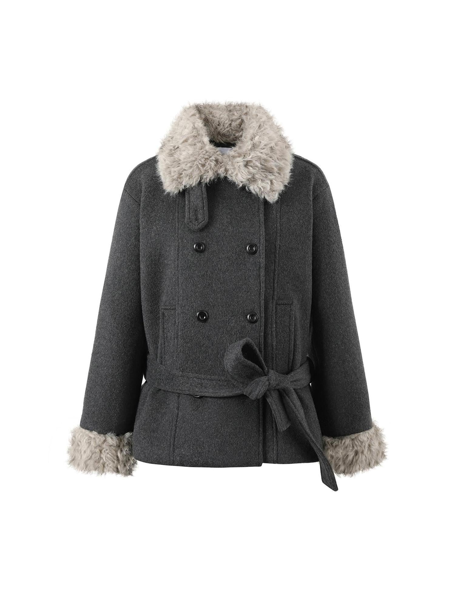 7Shiftin Warm Faux Fur Trim Casual Waist Double Breasted Women Deep Gray Short Coat