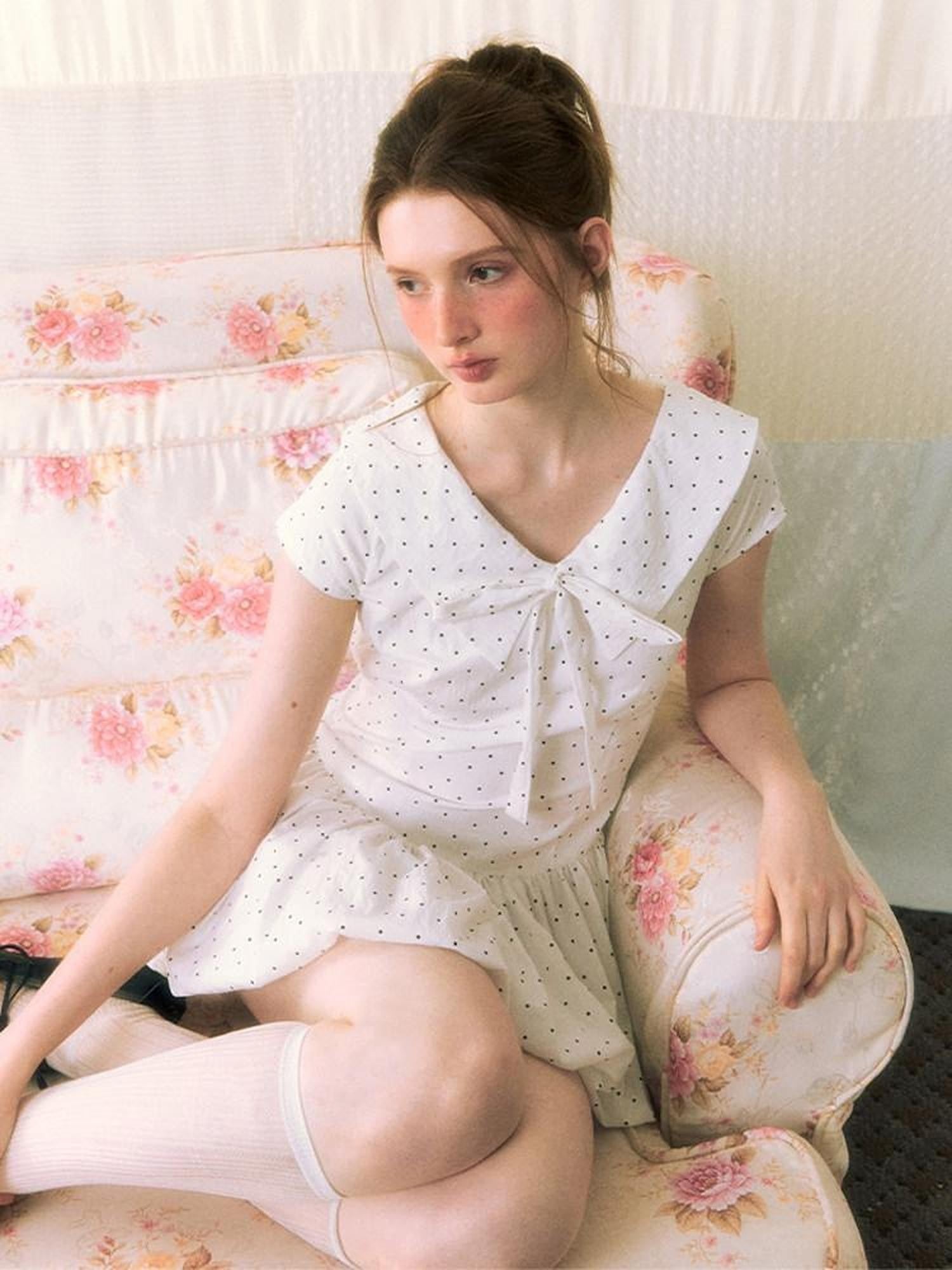 NAPSNAPS Polka Dot Sailor Collar Tie V-neck High Waist Tencel Women&