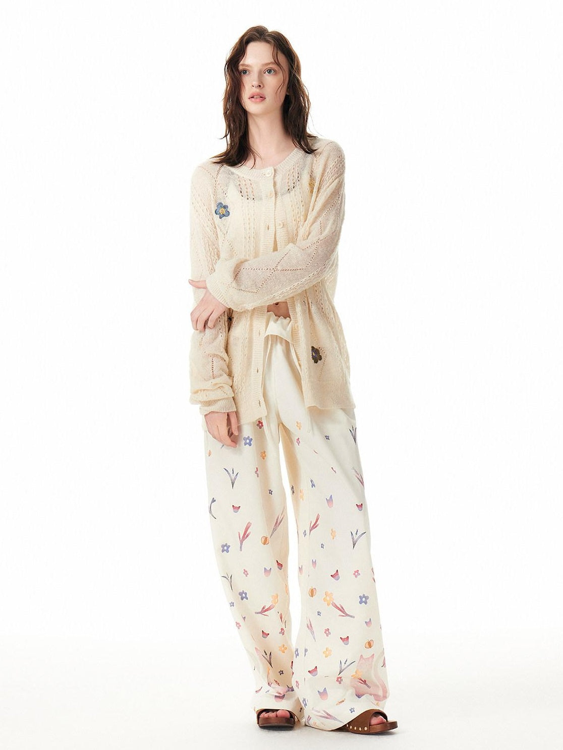 OuttheBlue Cute Cat Floral Print Sweet Natural Waist Long Polyester Women Straight Pants