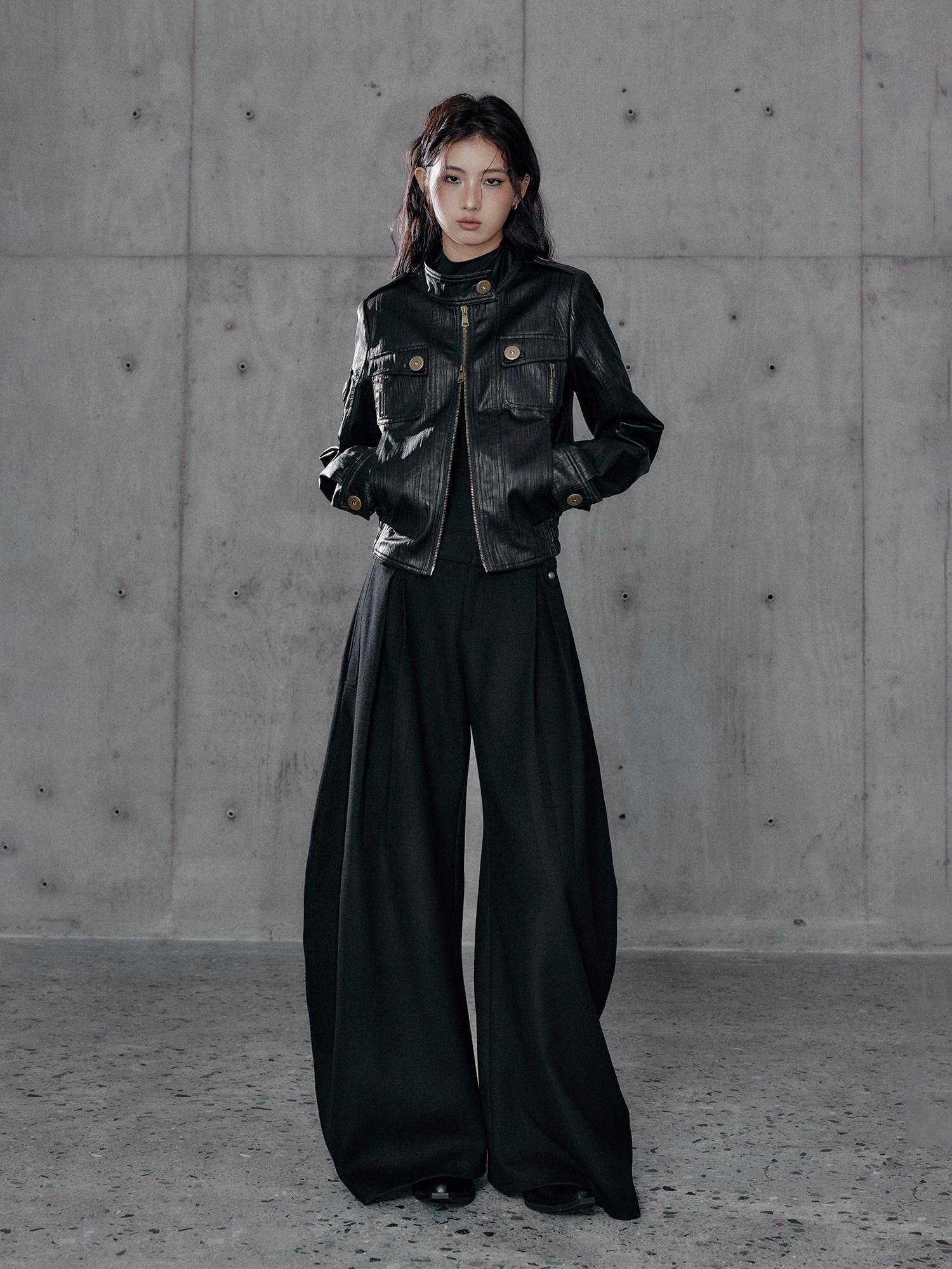Low pixel Insulated Waist Cinch Workwear Multipocket Lapel Zip Black Women Leather Jackets