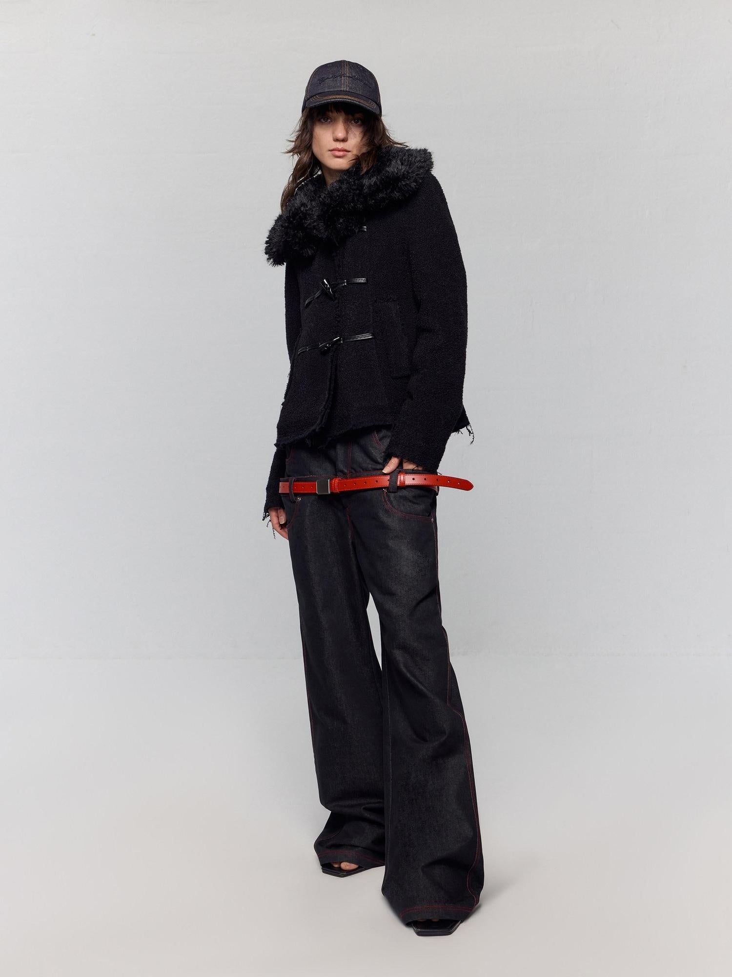 RUN TO THE FUTURE Low Rise Colorblock Loose Fit Zip Fly Black Denim Stretch Wide-Leg Jeans