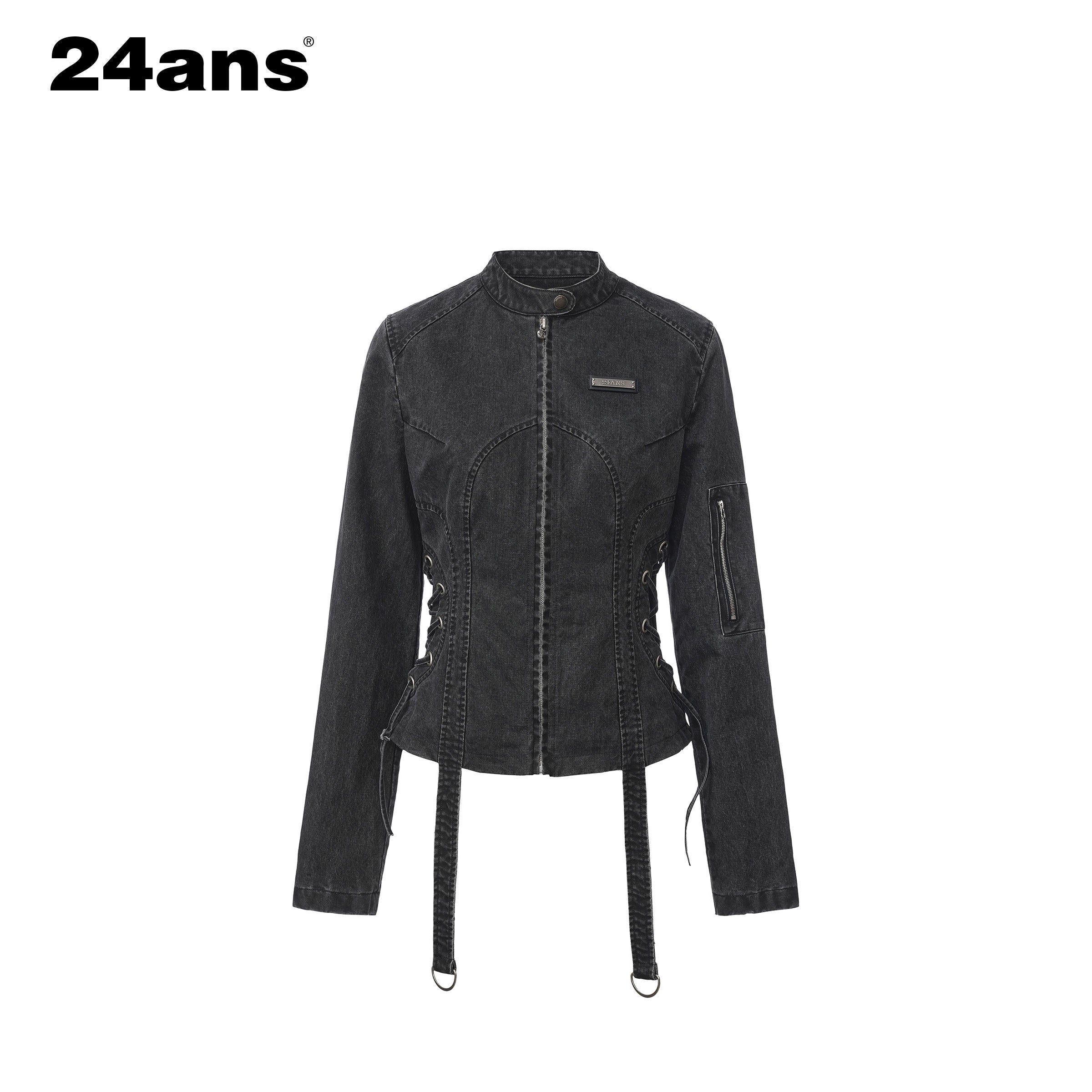 24ans Two Piece Long Sleeve Shorts Set For Women Black Gray Casual Denim Jackets