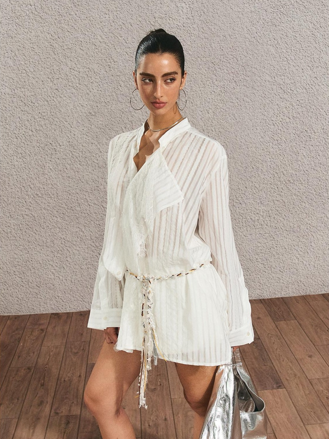 The NeverMore Breathable French Slim Button Stripe Open Cardigan Waist Tie Women Shirts