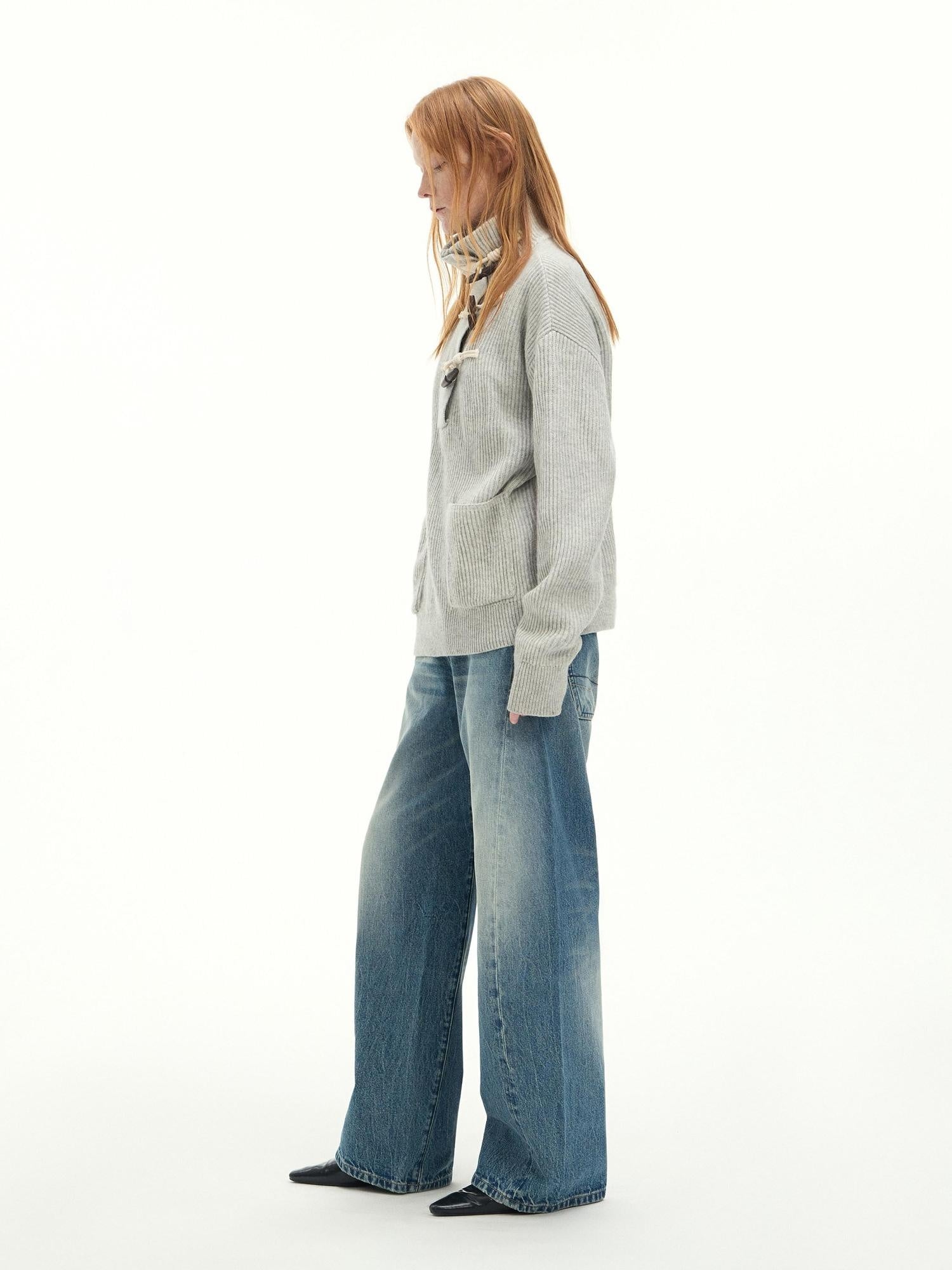 RUN TO THE FUTURE Washed Cotton Casual Natural Waist Topstitch Women Denim Blue Wide-Leg Jeans