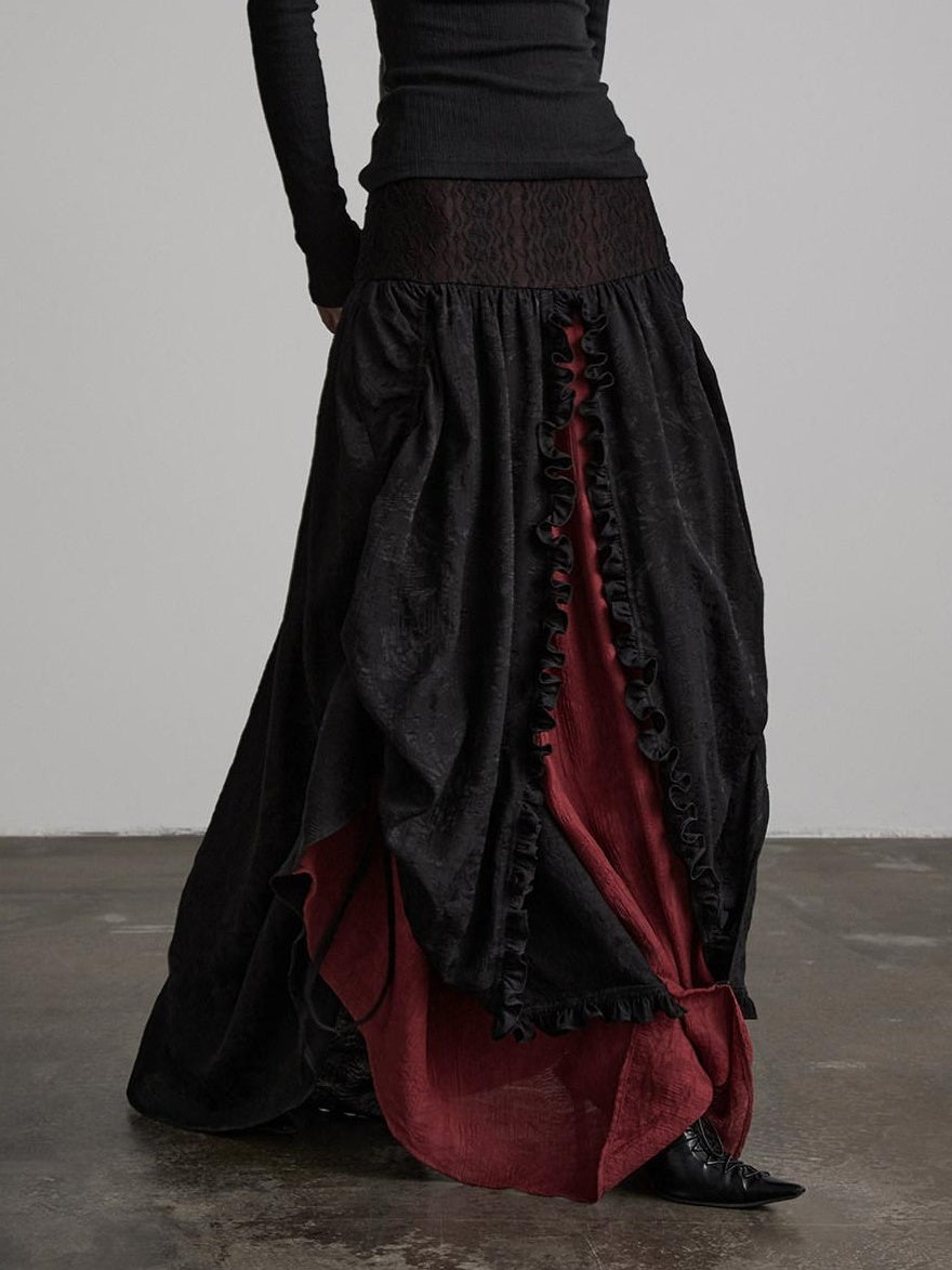 INDULGE Soft Comfy Rayon Ruffle Hem Gothic A Line Side Zipper Black Tiered Skirts