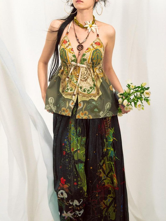 OfAkiva Bohemian Halter Tie Back Deep V Printed Slim Cropped Women&