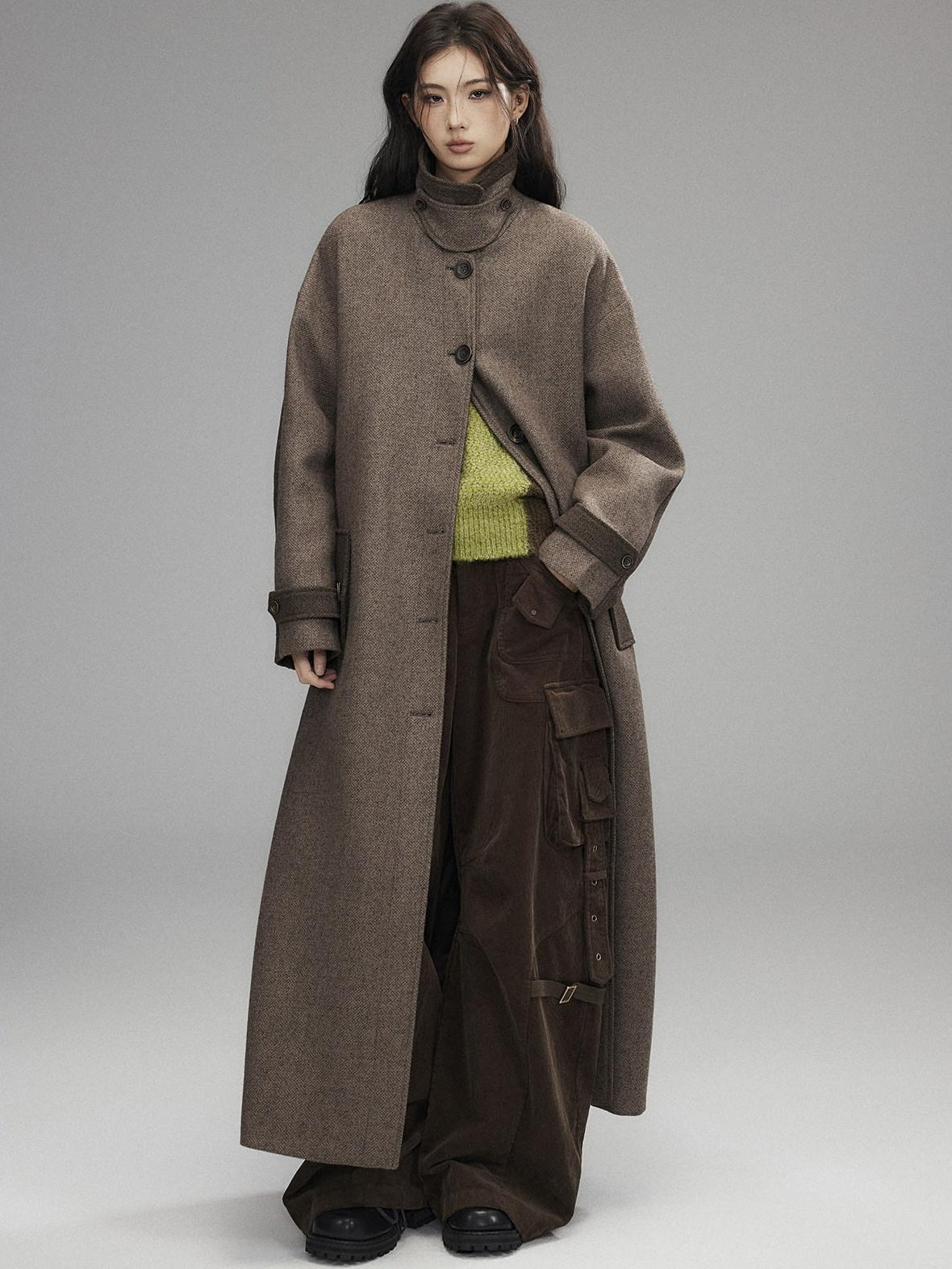 Low pixel Wool Blend Thick Colorblock Oversized Stand Collar Single Breasted Wool Coats