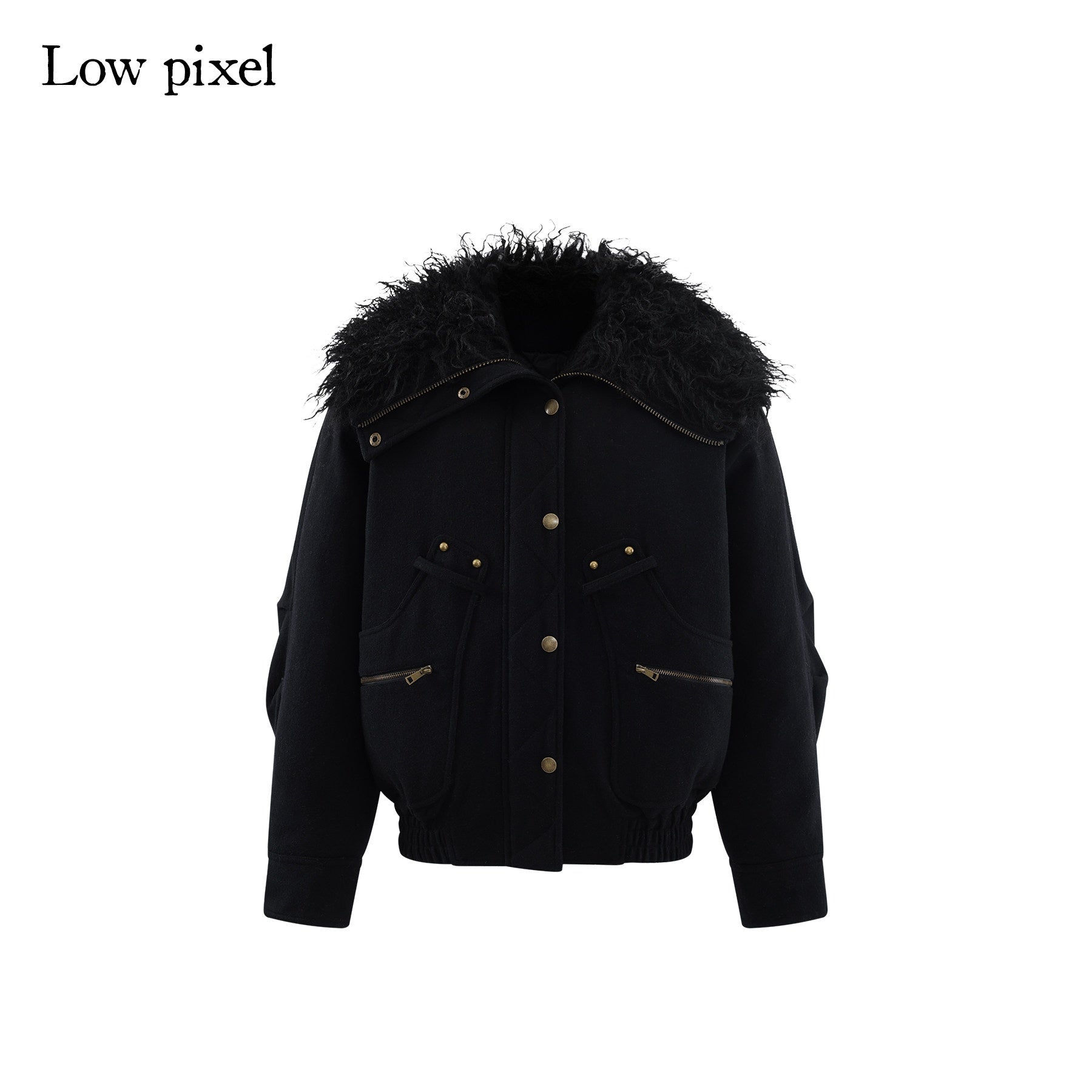 Low pixel Thick Wool Blend Multi Pocket Loose Fit Sexy Girl Black Zipper Cropped Jackets