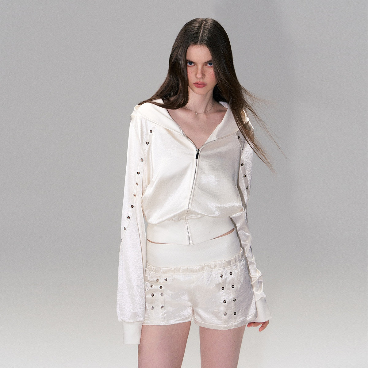 The NeverMore Cozy Cropped Two Piece Set Long Sleeve High Waist Shorts Women Solid Hoodie