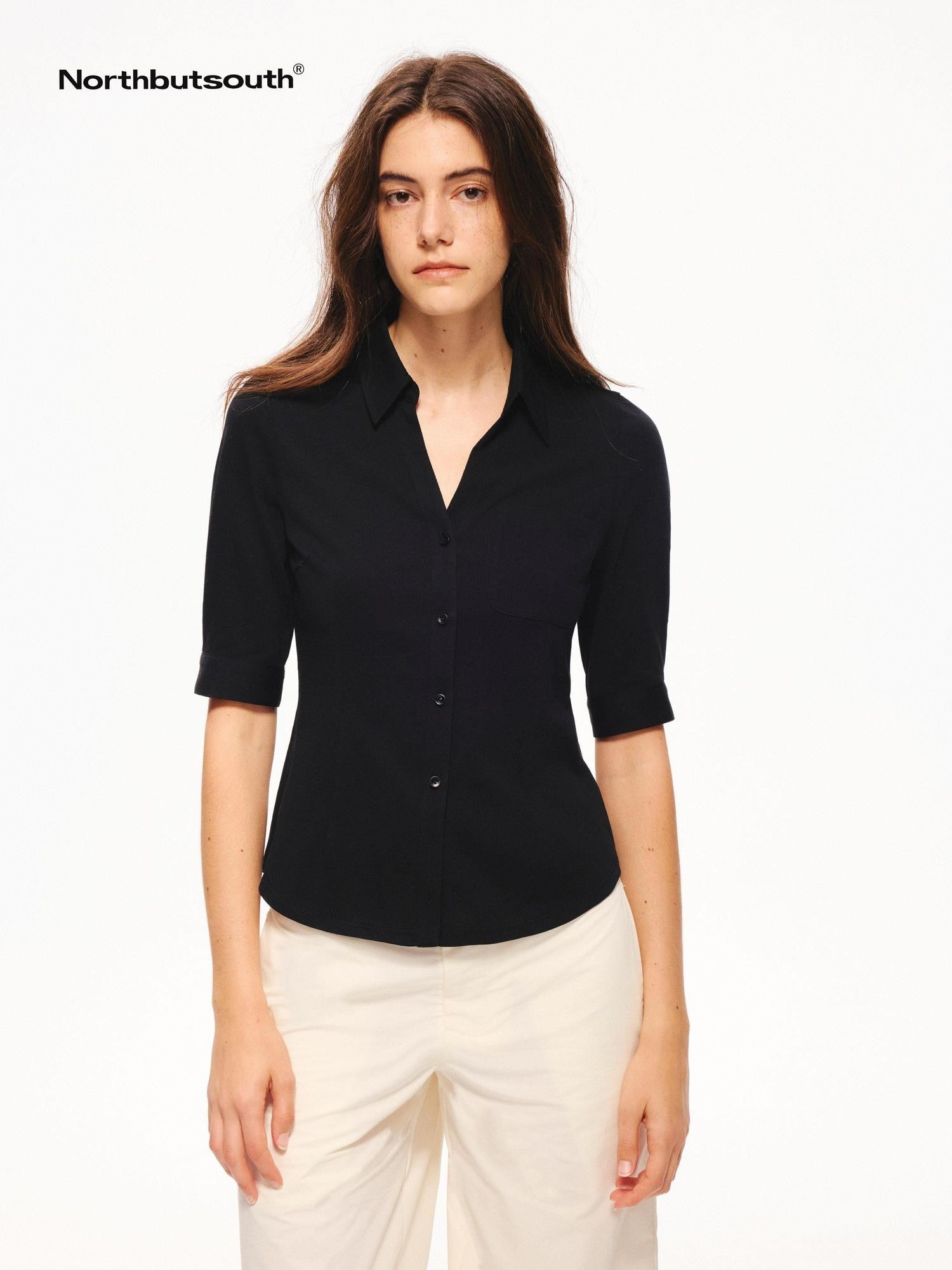 Northbutsouth Snowflake Texture Lightweight Slim Fit V-neck Mid Sleeve Women&