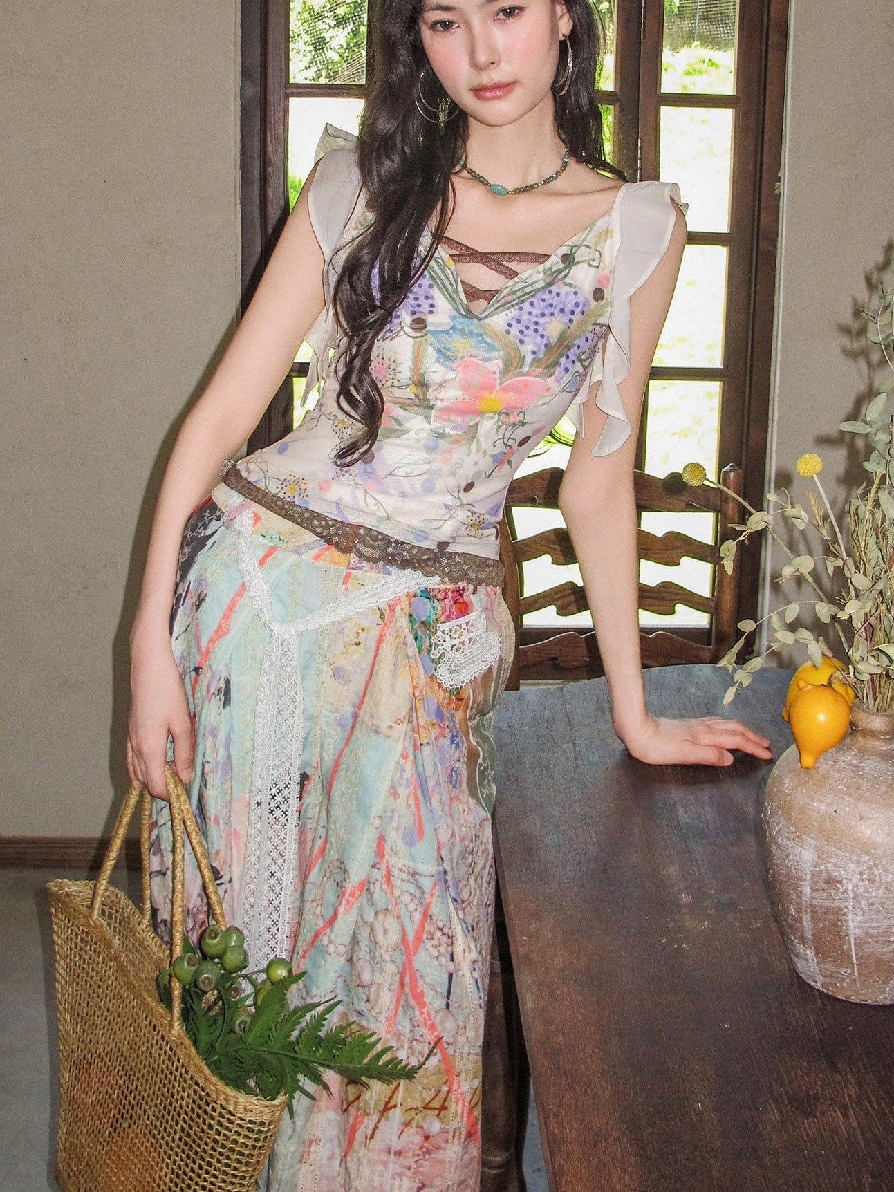 OfAkiva Handpainted Floral Ruffle Cross Tie Women&