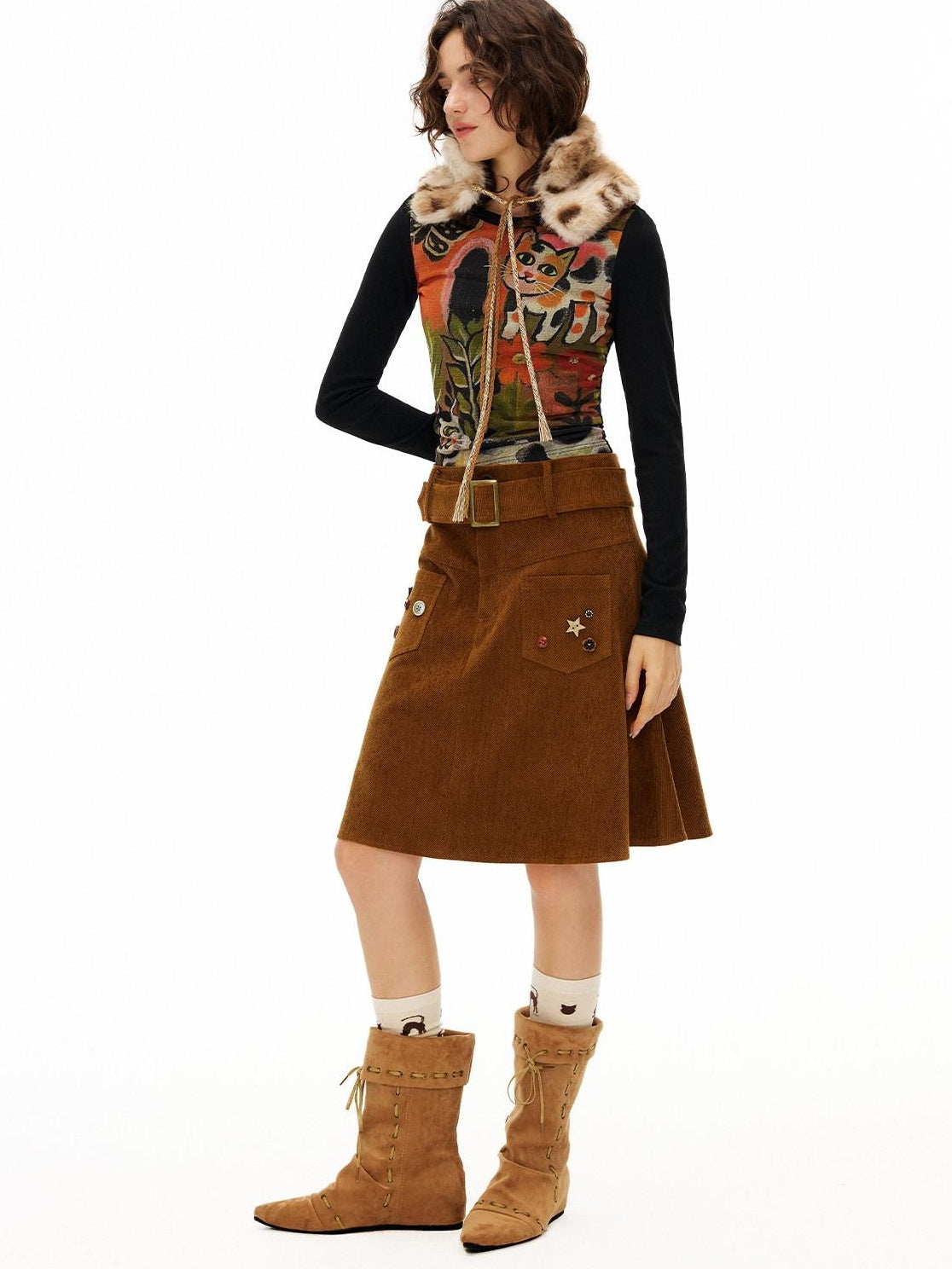 OuttheBlue Handsewn Embroidery Minimalist A Line Mid Waist Caramel Polyester Midi Skirts