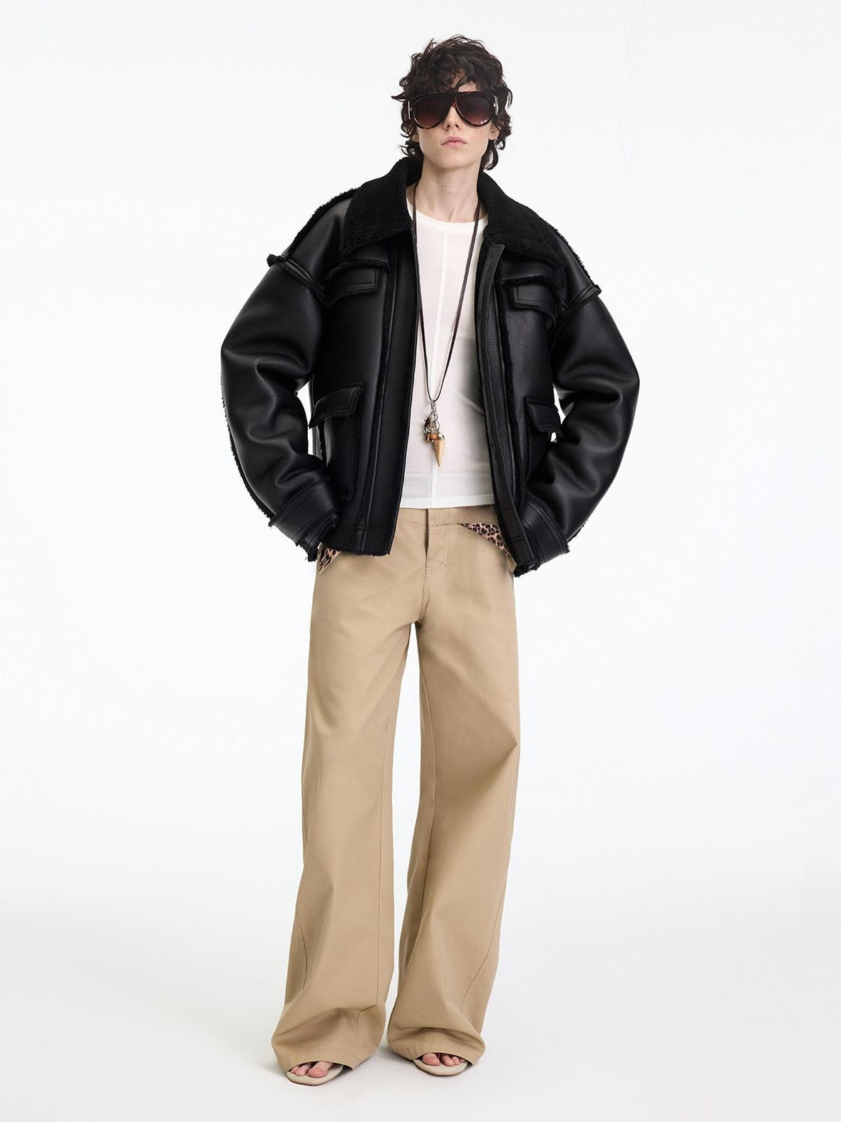 RUN TO THE FUTURE Leopard Patchwork Casual Loose Straight Leg Mid Rise Zip Fly Cotton Khaki Chinos