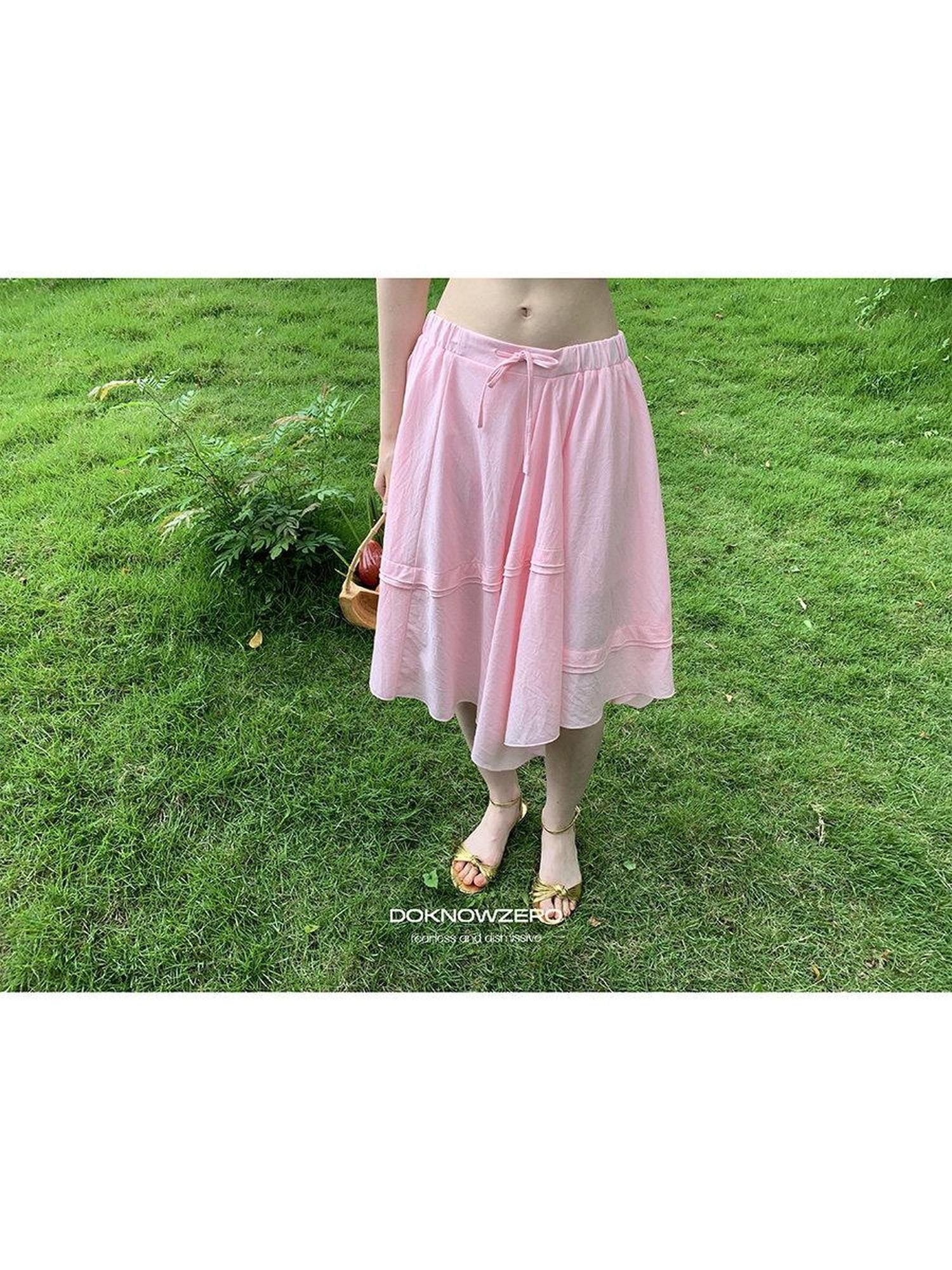 DKZ OFFICIAL Pink Ribbed Elastic Waist Asymmetric A Line Women&