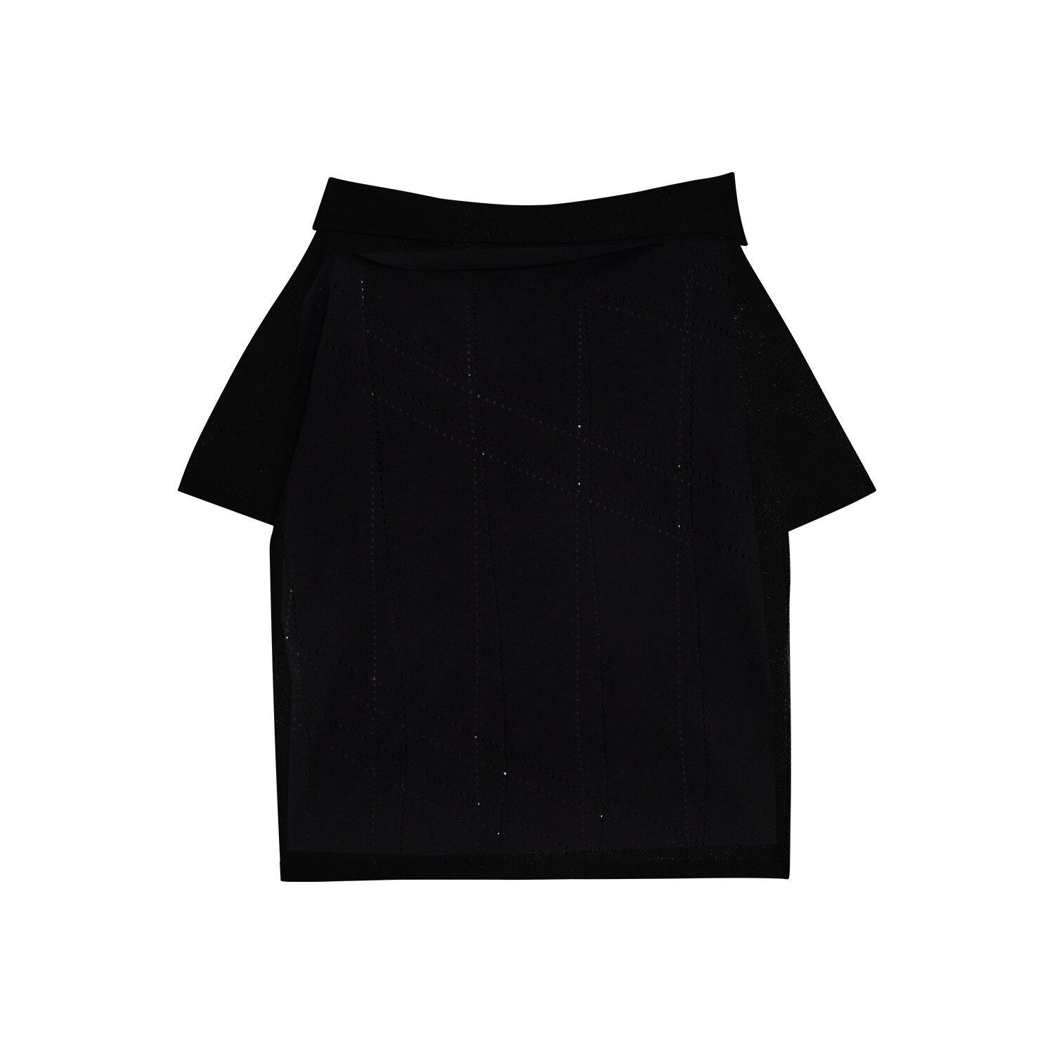RUN TO THE FUTURE Viscose Knit Loose Cutout Slanted Neck Black Cross Print Short Sleeve T-Shirts