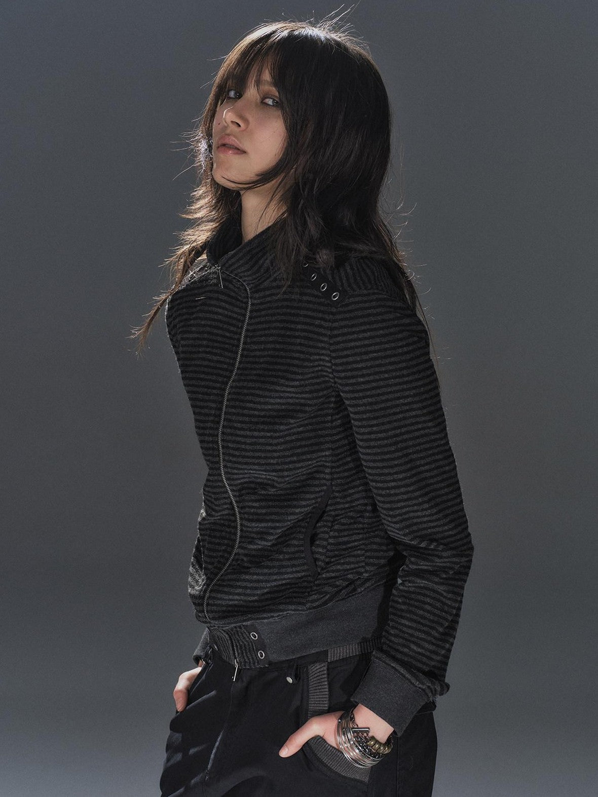 wear And tear Black Gray Striped Eyelet Tape Splice Punk Women&