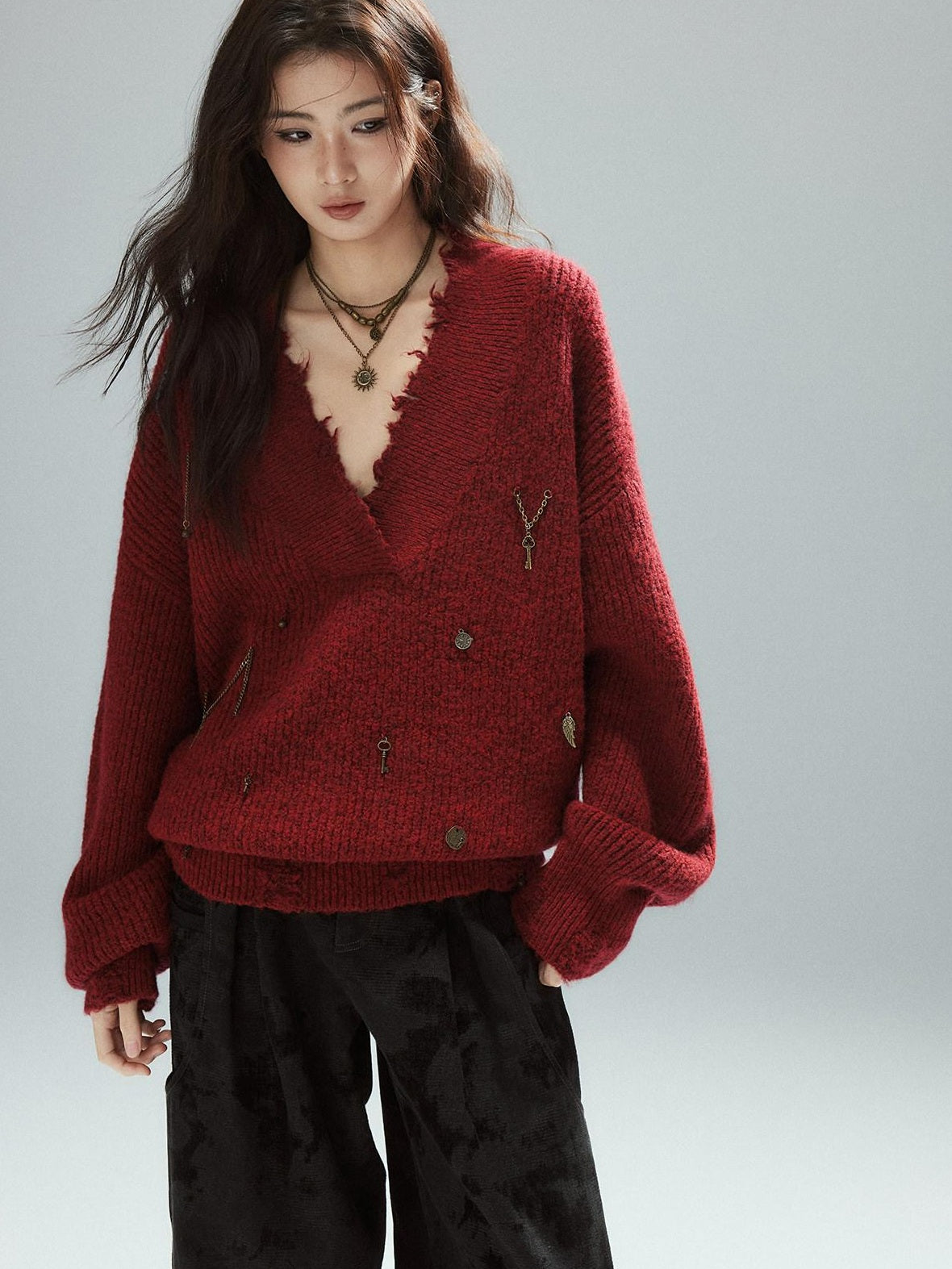 Low pixel Warm Oversized Street Raw Hem Women V-neck Red Pullover Sweaters