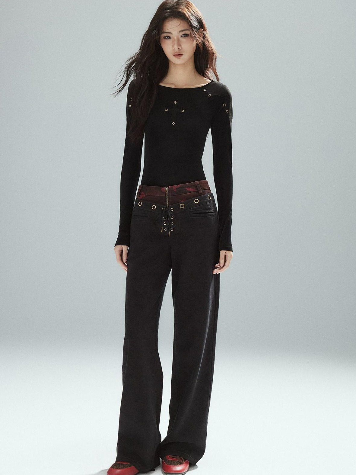 Low pixel Pure Cotton Patchwork Low Waist Street Zipper Women Colorblock Straight Pants