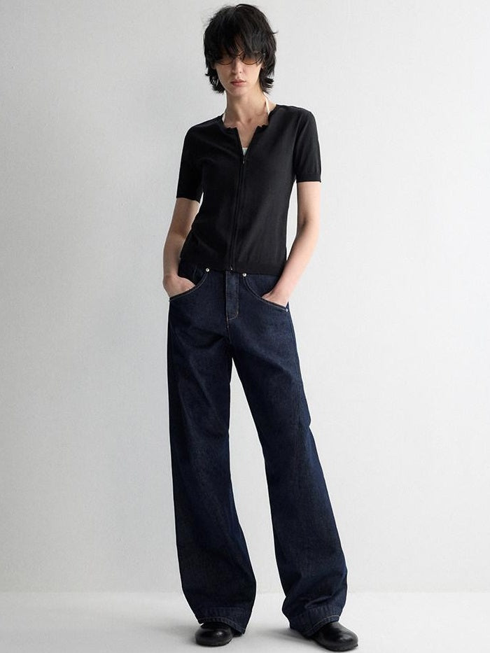 RUN TO THE FUTURE Durable Dark Cotton Denim Casual Oversized Natural Waist Ladies Wide-Leg Jeans