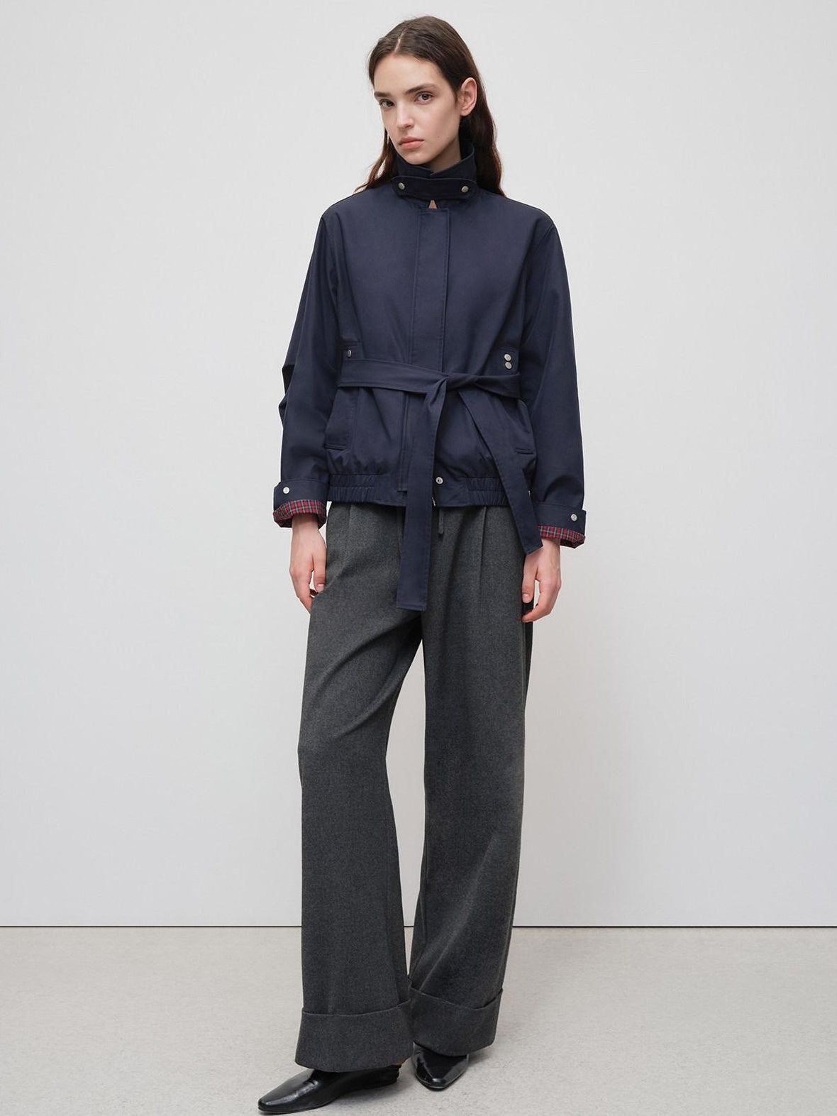 RUN TO THE FUTURE Windproof Lightweight American Loose Fit Plaid Zip Navy Women Windbreakers