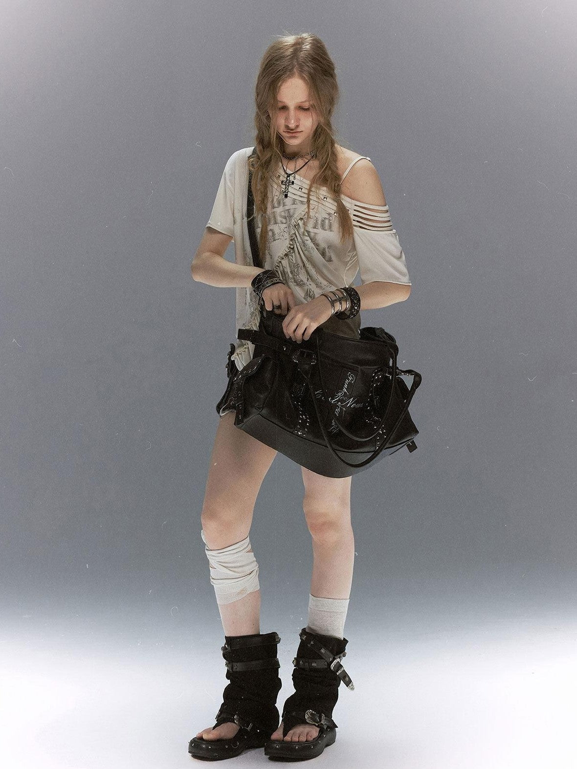 Cest Nous Grunge Punk Studded Dual Strap Detachable Women&