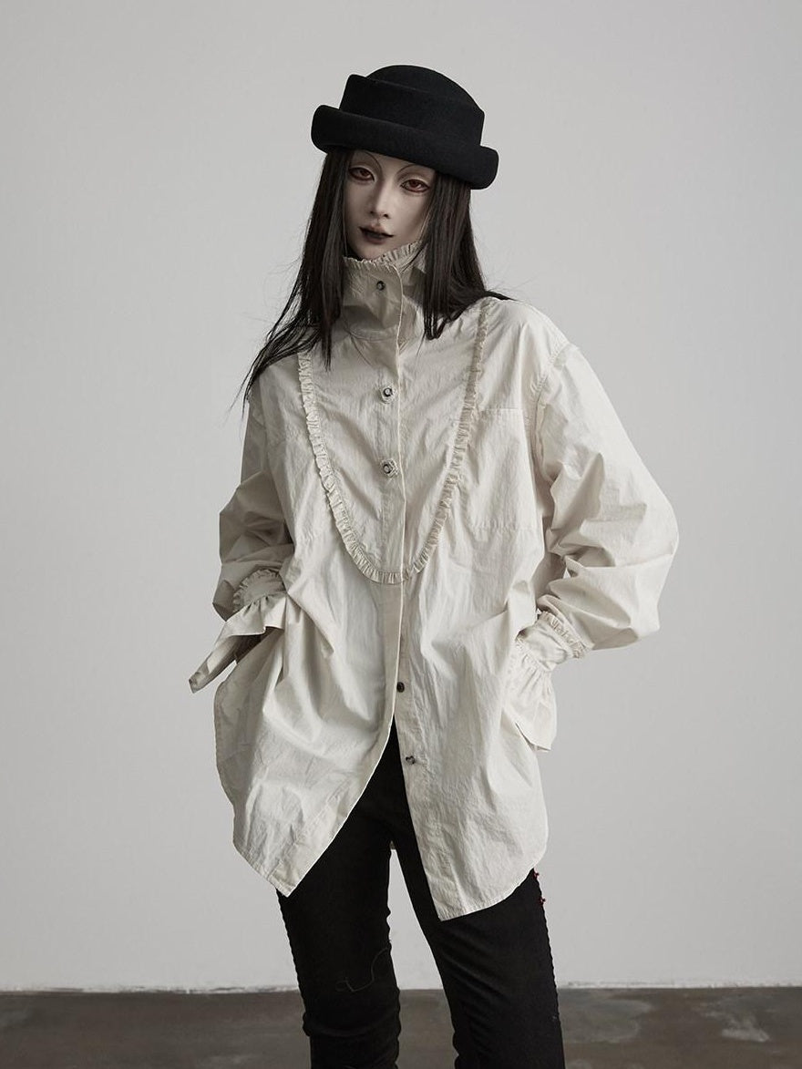 INDULGE Elegant Pleated Loose Fit Stand Collar Long Sleeve Cotton Blend Daily Blouses