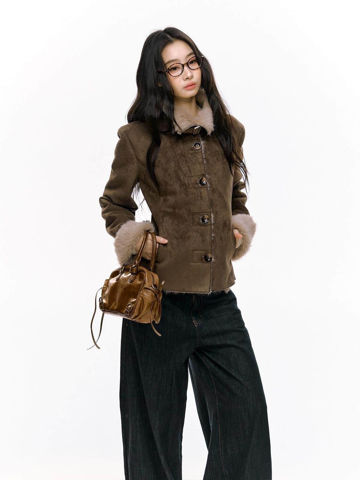 7Shiftin Fleece Lined Original Slim Stand Collar Button Coffee Pink Cropped Jackets