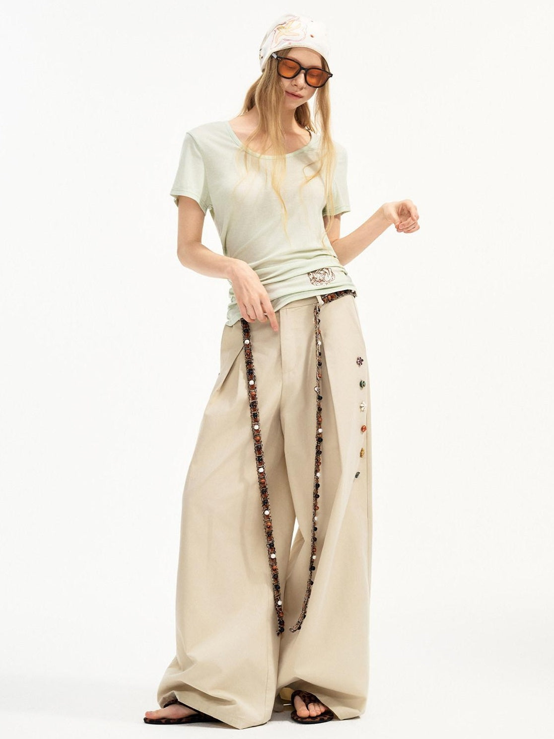 OuttheBlue Cotton Lyocell Minimal Natural Waist Zipper Light Grey Khaki Wide Leg Pants