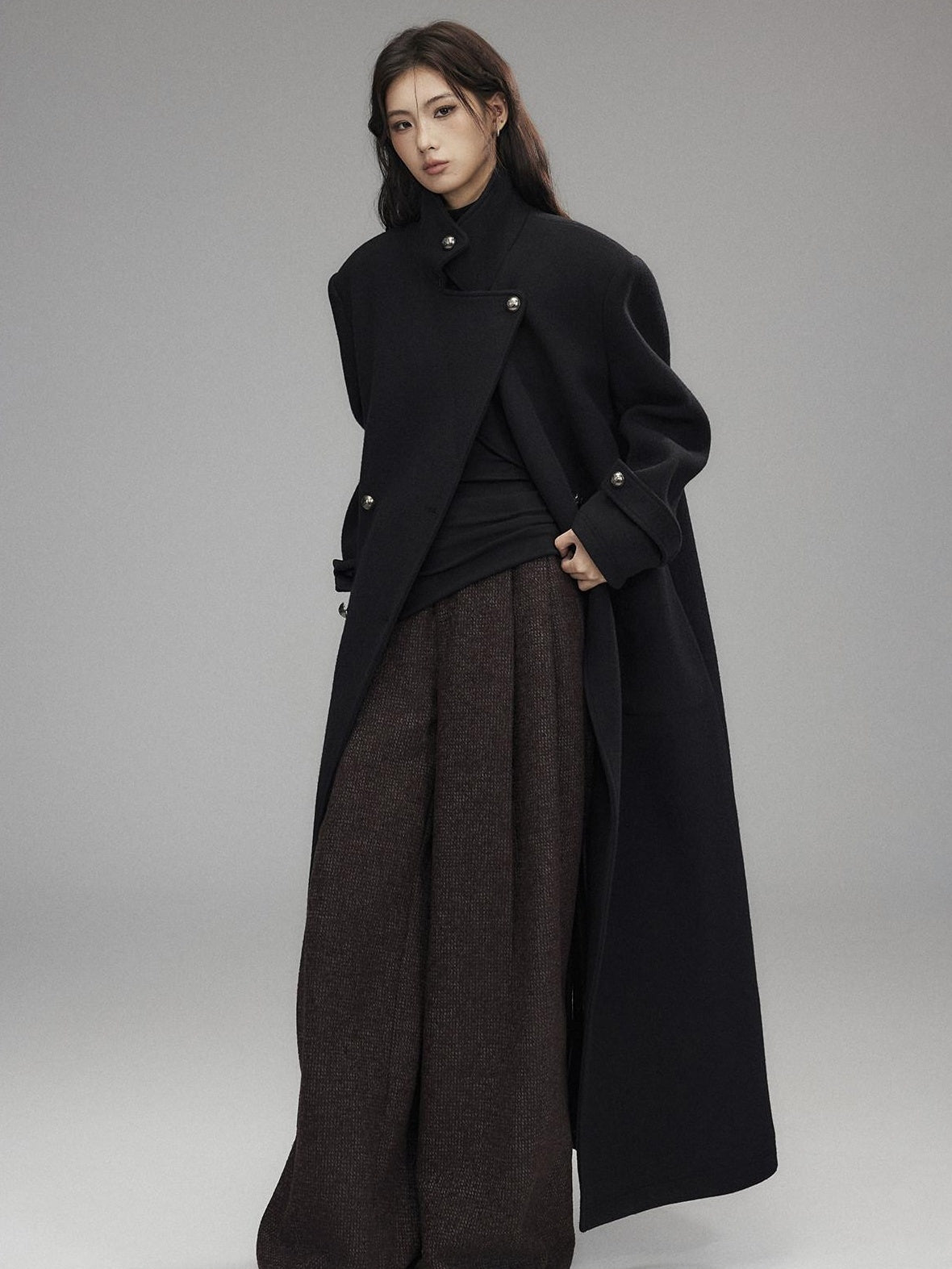 Low pixel Warm Wool Blend Street Oversized Double Breasted Notch Collar Black Wool Coats