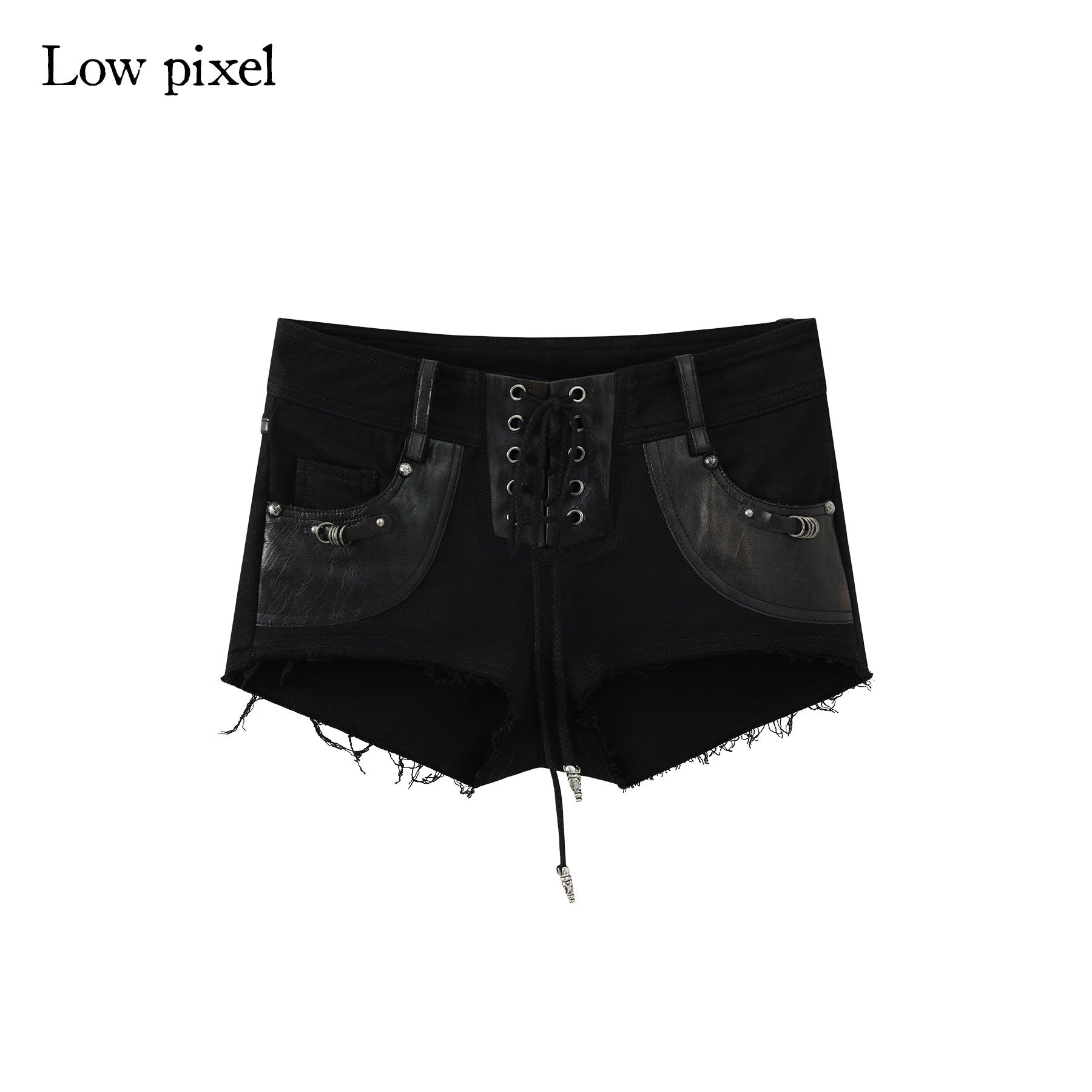 Low_pixel_Stretch_Cotton_Gothic_Panel_Slim_Mid_Low_Rise_Drawstring_Black_Women_Mini_Shorts_MISSTT