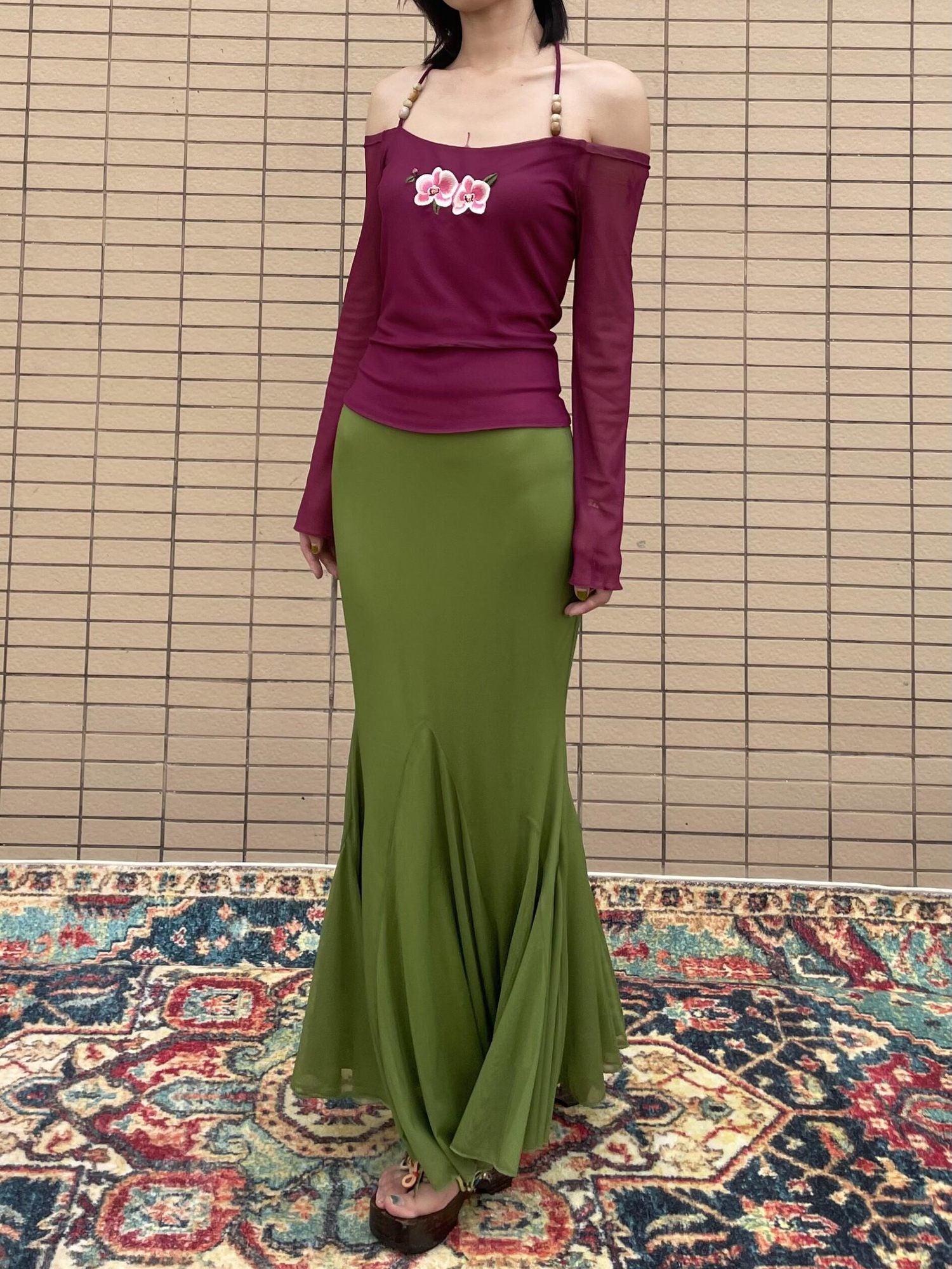 Wet Tail Elastic Mid Waist Chinese Inspired Mermaid Hem Casual Women Maxi Skirts