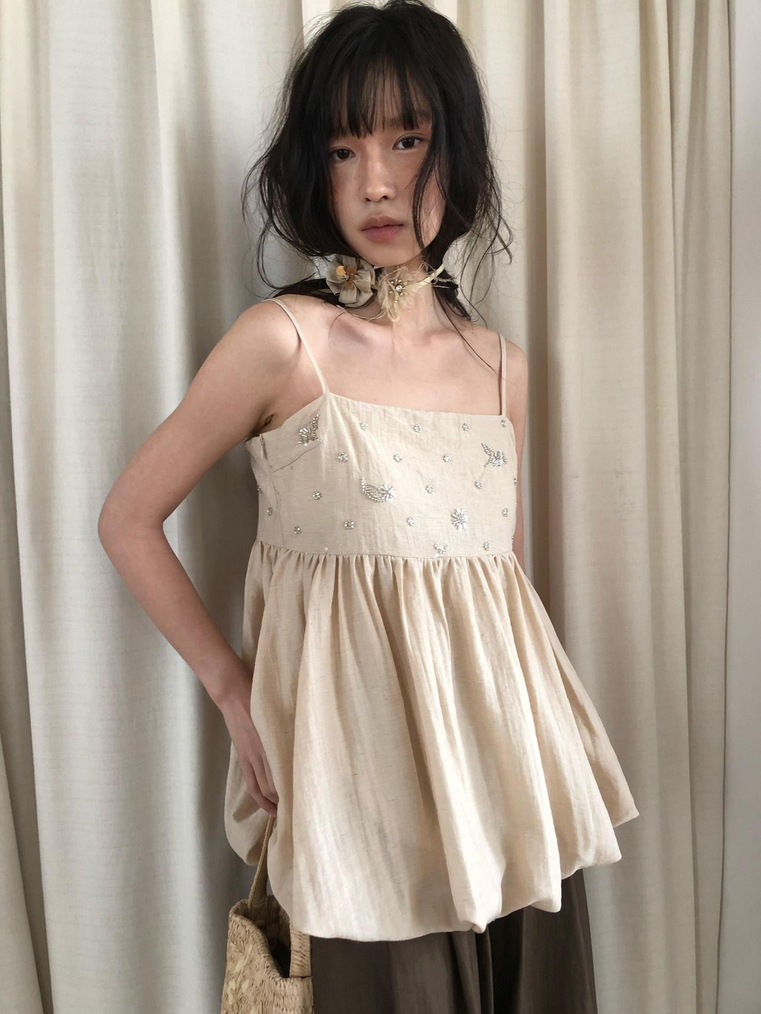Dorydory Apricot Beige Beaded Square Neck Tulip Hem Women&