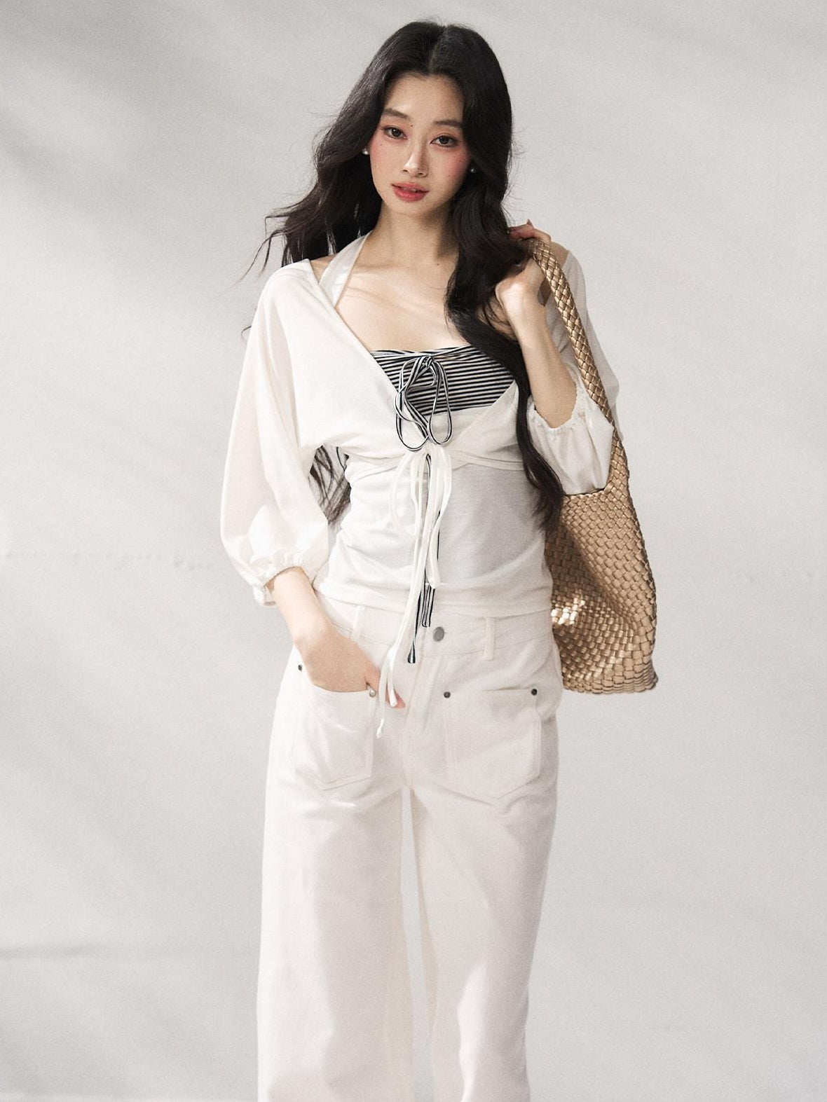7Shiftin Button Front Natural Waist Casual White Flowy Wide Leg Pants