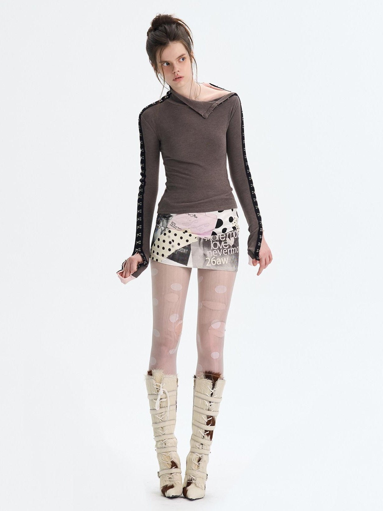 The NeverMore Brushed Viscose Spandex Sexy Slim Half Open Collar Long Sleeve Crop Tops
