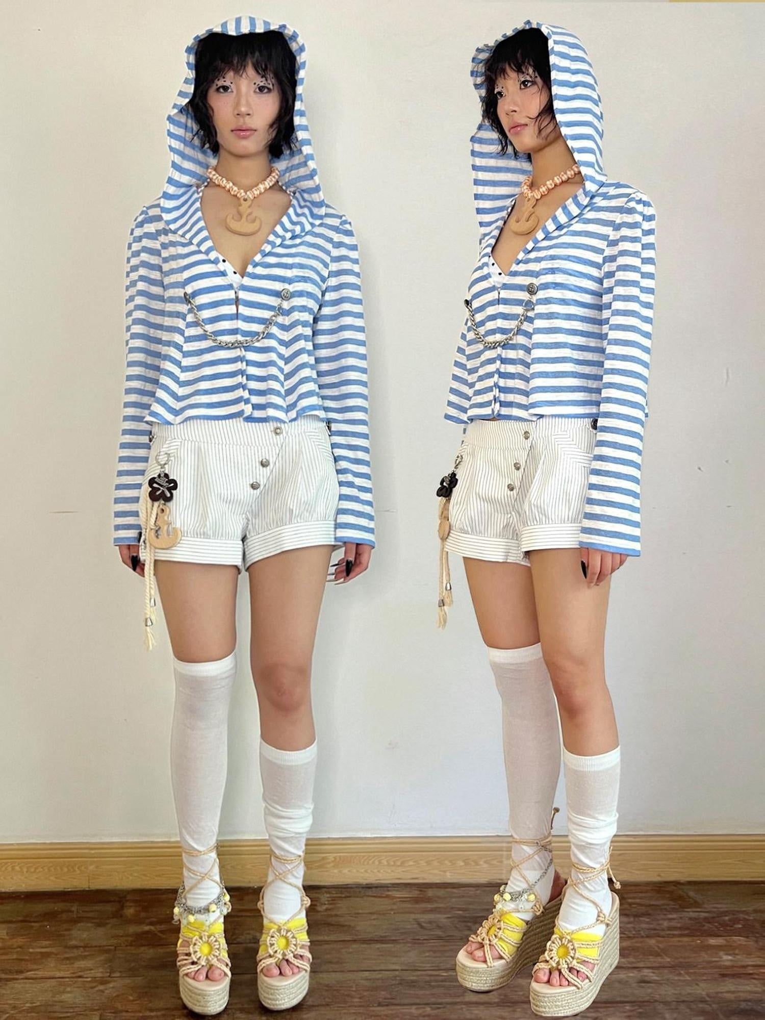 nit alcove Uv Asymmetric Slim Longsleeve Women Blue Striped Cross Print Basic Crop Tops