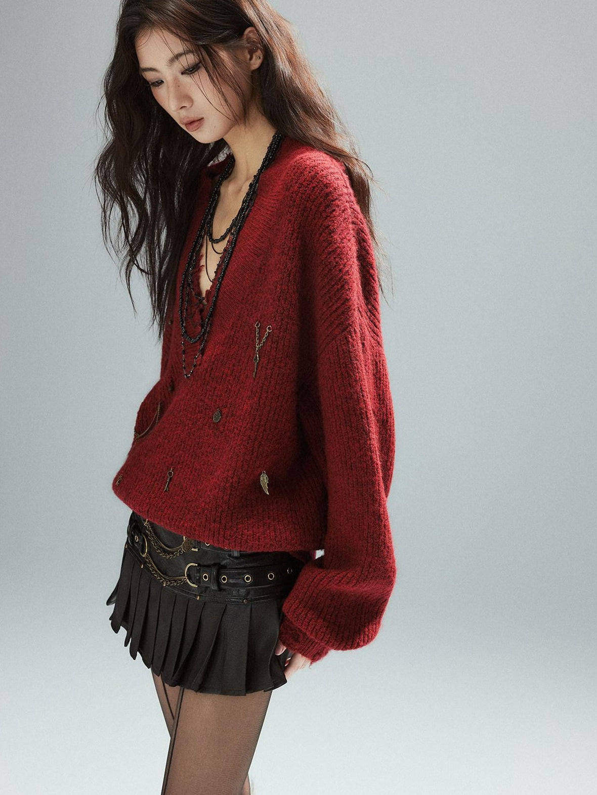 Low pixel Warm Oversized Street Raw Hem Women V-neck Red Pullover Sweaters