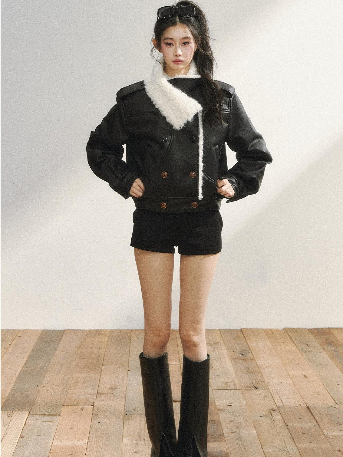7Shiftin Black Double Breasted Lapel Short Women&