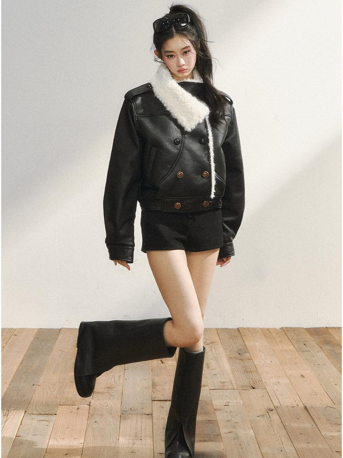 7Shiftin Black Double Breasted Lapel Short Women&