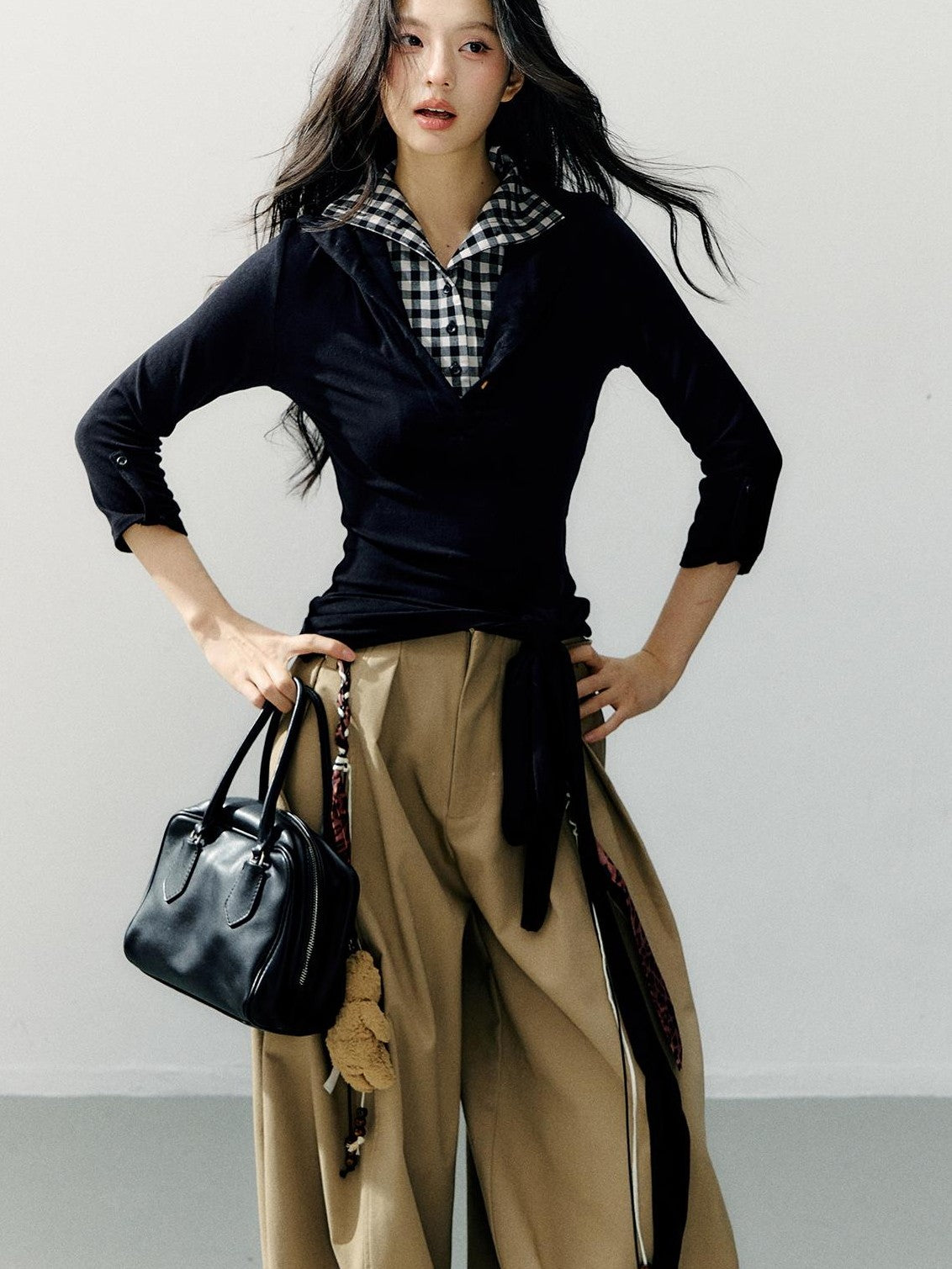 7Shiftin Black White Plaid Faux Two Piece Long Sleeve Viscose Women&