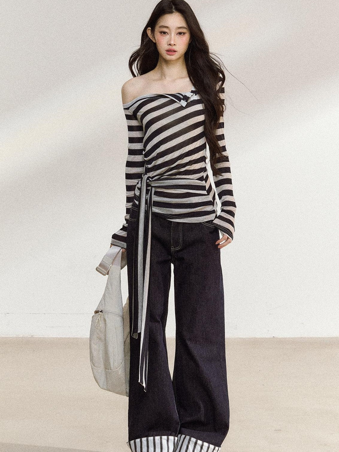 7Shiftin Black White Striped Asymmetric Tie Shoulder Women&