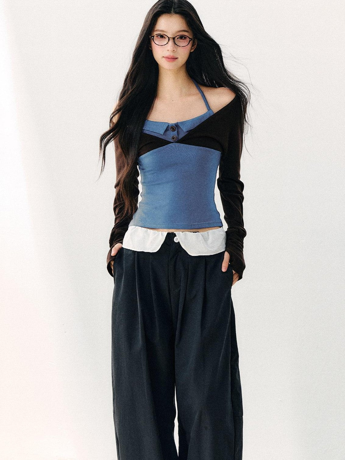 7Shiftin Blue Colorblock Faux Two Piece Collared Off Shoulder Cropped Women&