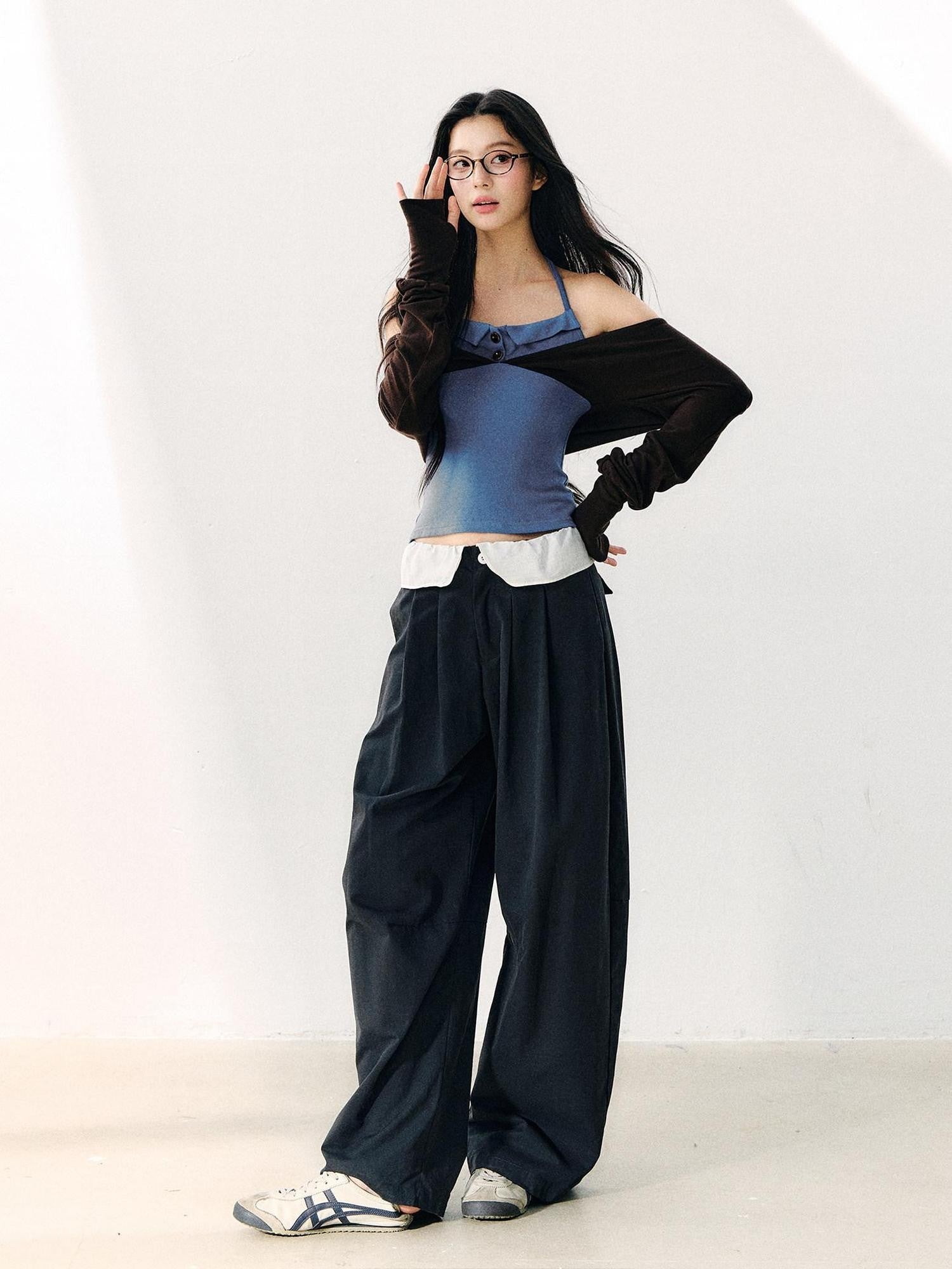 7Shiftin Blue Colorblock Faux Two Piece Collared Off Shoulder Cropped Women&