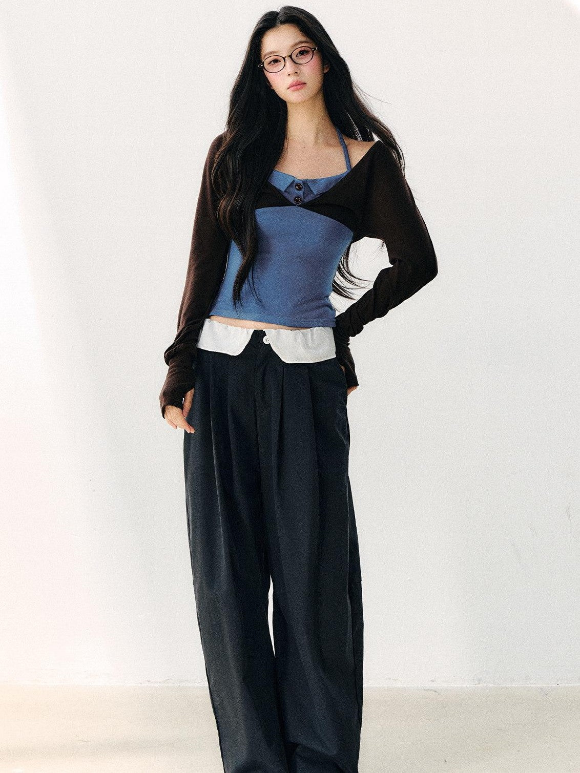 7Shiftin Blue Colorblock Faux Two Piece Collared Off Shoulder Cropped Women&
