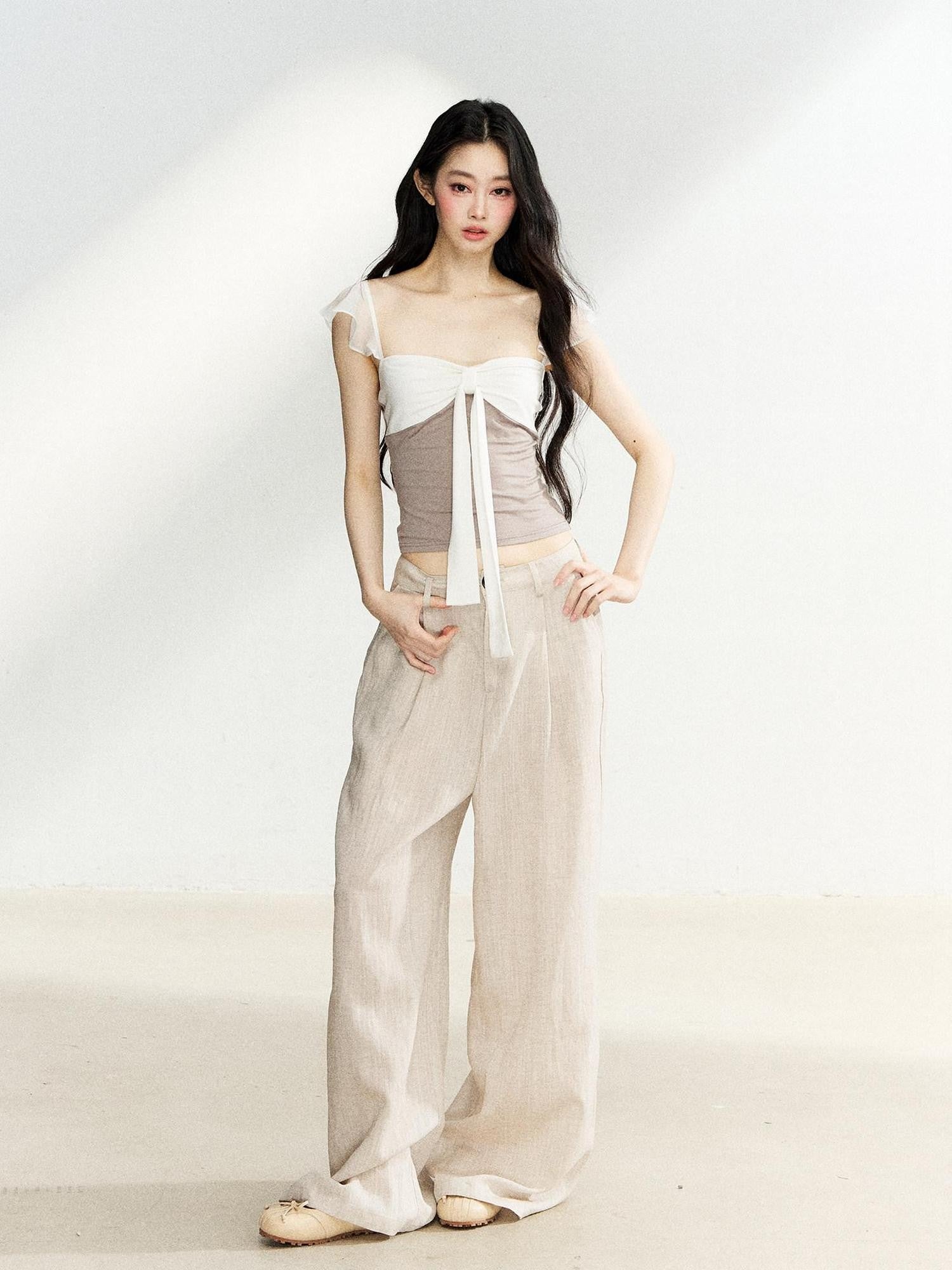 7Shiftin Bow Knit Faux Two Piece Cropped Bardot Women&