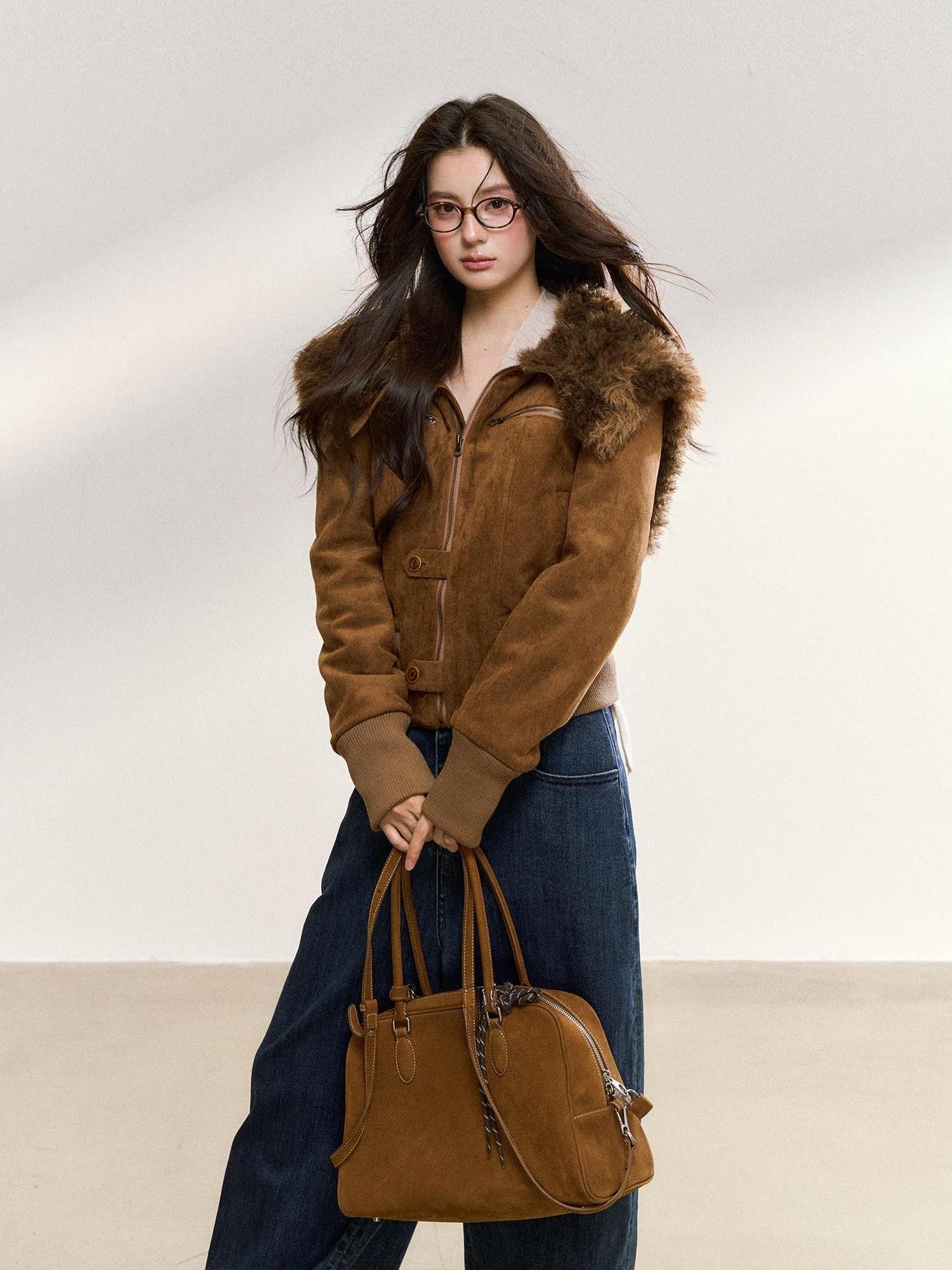 7Shiftin Brown Fur Collar Spliced Slim Cropped Women&