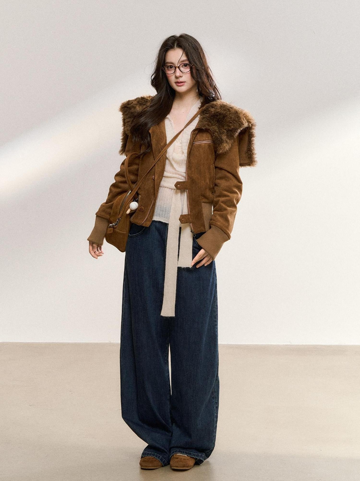 7Shiftin Brown Fur Collar Spliced Slim Cropped Women&