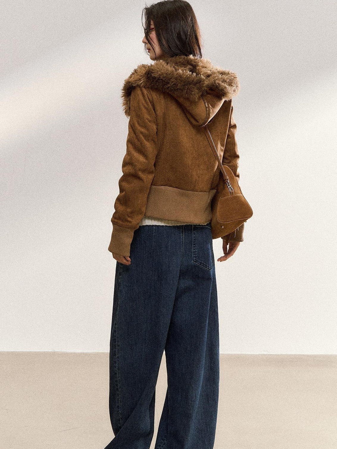 7Shiftin Brown Fur Collar Spliced Slim Cropped Women&